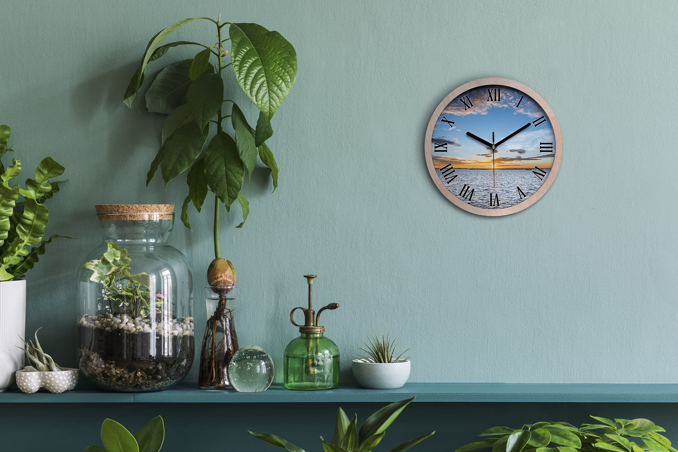 Tulup Reloj de Pared De Cuarzo ⌀ 30cm Decoración De Madera Moderno Silencioso Relojes Manecillas Negro - Crepúsculo en el mar