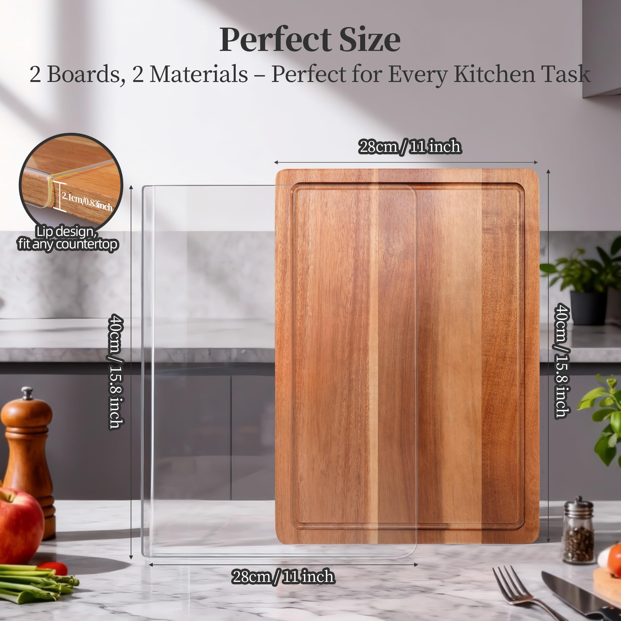 WILLKOMMEN Set de Plancha de Corte de Madera, 2PCS de Acacia Plancha de Corte de Madera de Acacia Para La Cocina Y AcríLico Plato de Verduras, de Madera Duradera Cortar Sin Esfuerzo