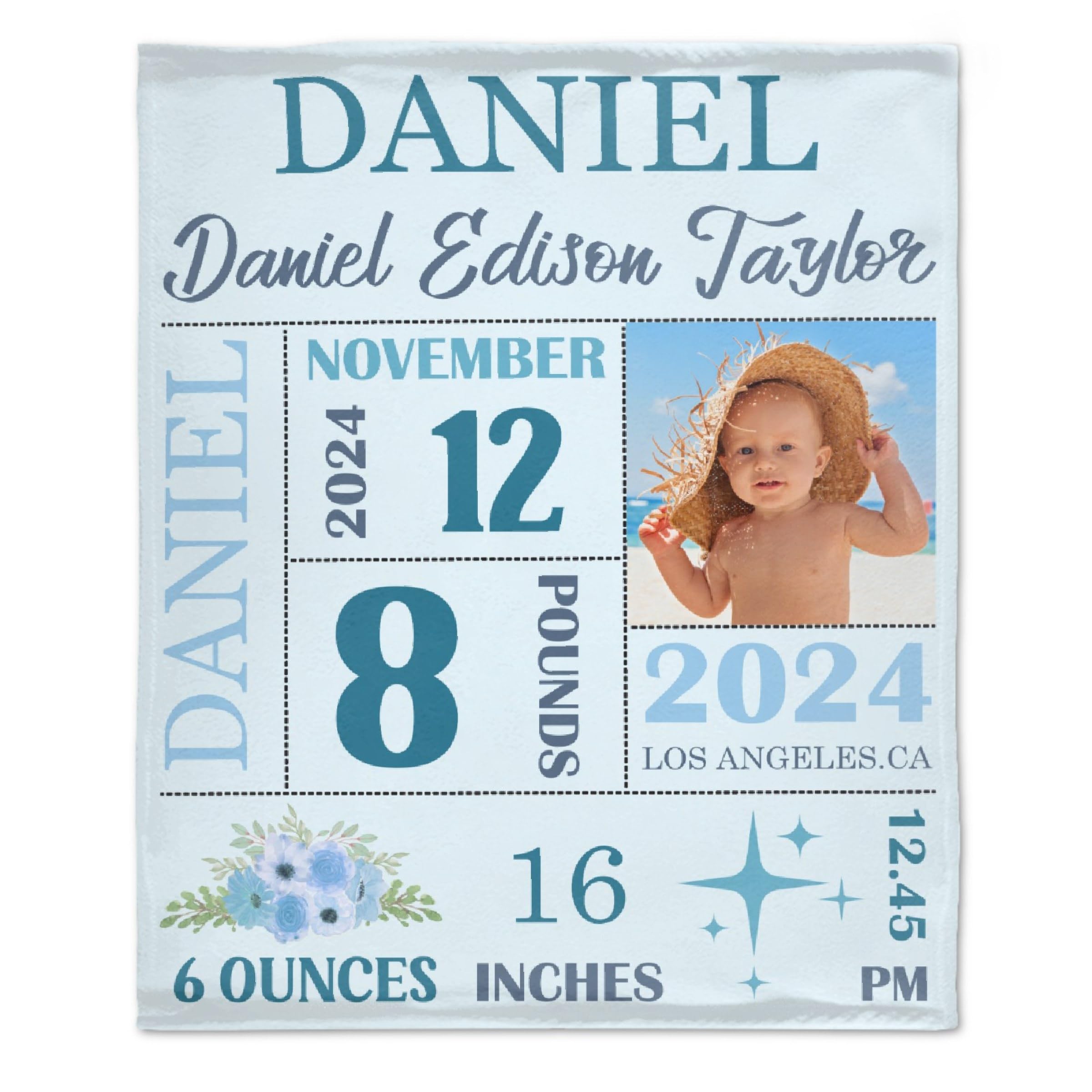 Personalized Baby Blanket with Birth Information for Boys and Girls, Customized Name Blanket from Baby's Name Birth Time Date, Gift for New Mom Dad Granddaughter Grandson - 50