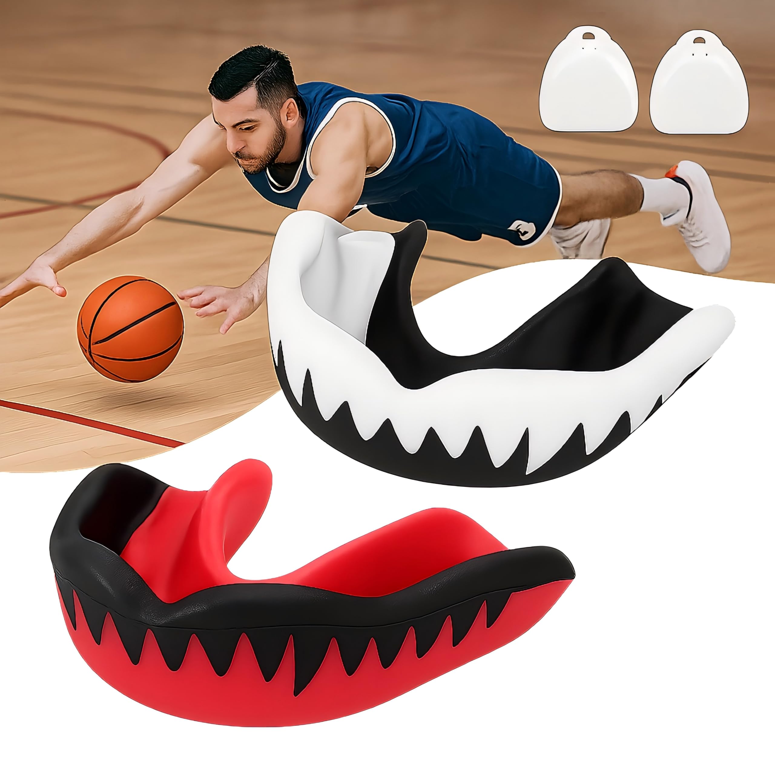 BIGTHREE 2 Pack Mouth Guard for Adults & Youth, Slim Fit Moldable Gum Shield with Case, BPA-Free Teeth Protection for Boxing, MMA, Rugby, Martial Arts Training (White+Red)