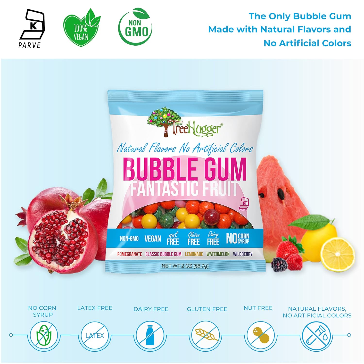 Tree Hugger Fantastic Fruit Bubble Gum, Natural Flavors, No Artificial Colors, 2 Ounce (Pack of 12)