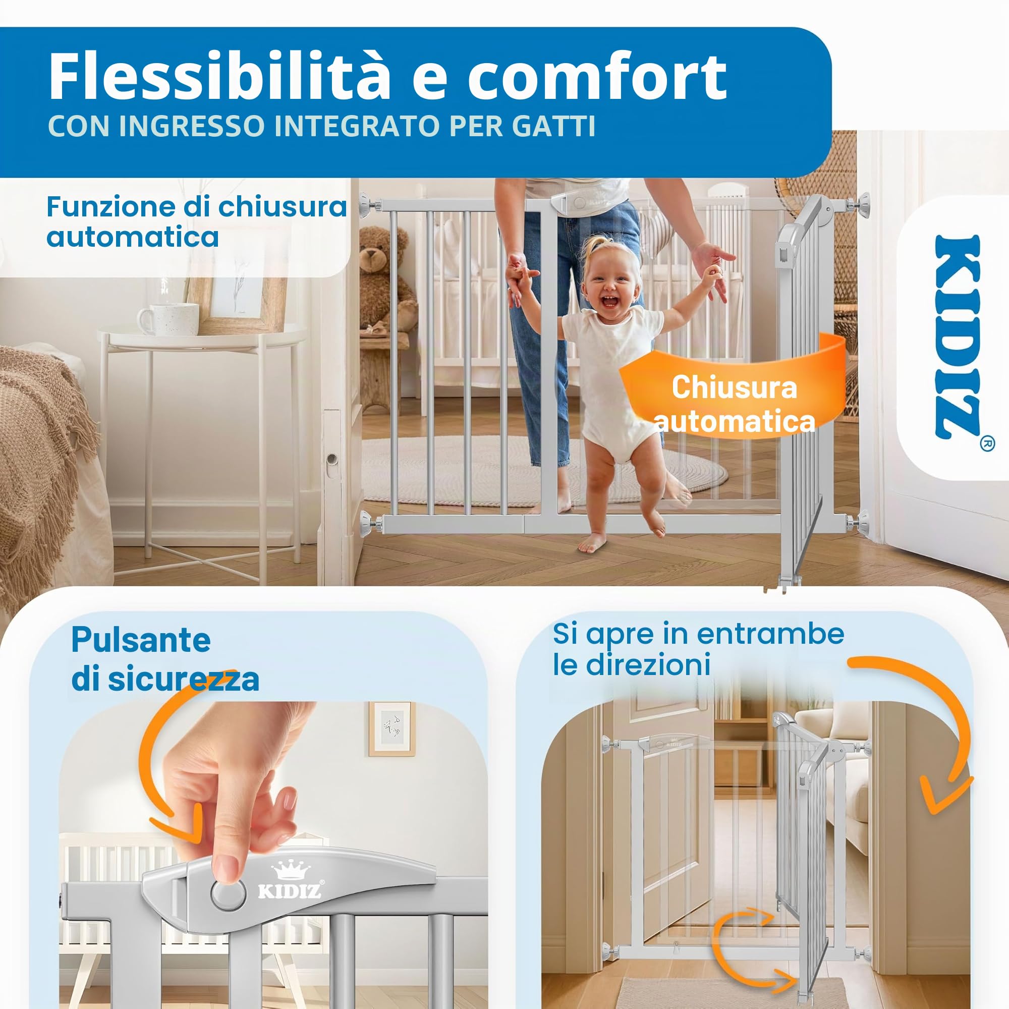 KIDIZ Griglia di protezione per scale senza foratura, larghezza regolabile: 88 – 94 cm, altezza 75 cm, griglia di protezione per porte e cani per bambini e cani, apertura con una sola mano su entrambi