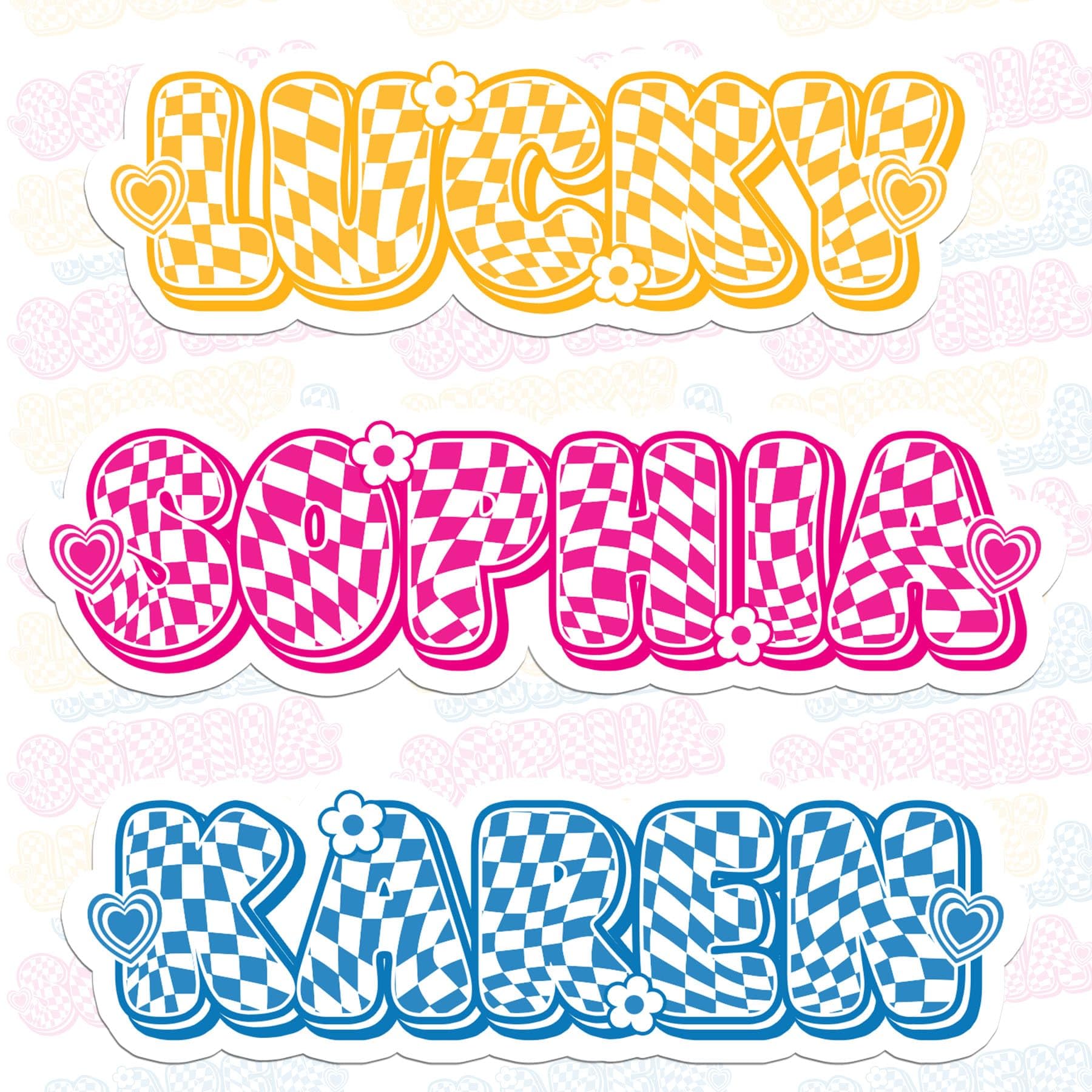 Custom Name Colorful Checkered Floral Sticker Personalized Text Cute Decal Waterproof Vinyl Decal for Water Bottles Tumbler Laptop Hard Hat Car Kindle