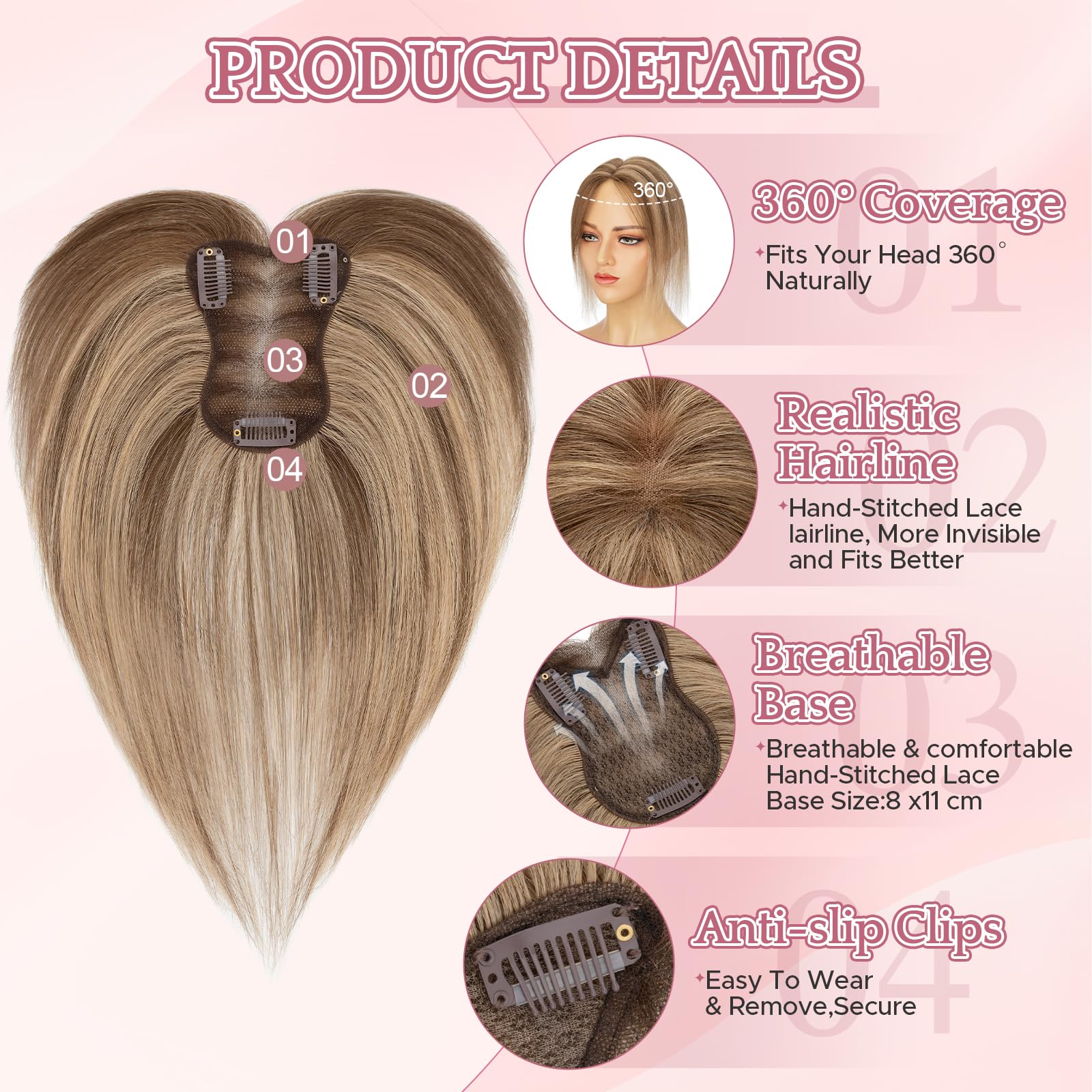 SEGOHAIR Hair Toppers for Women Human Hair Double-Layer Hand-Stitched 360°3D Coverage Lightweight - Image 3
