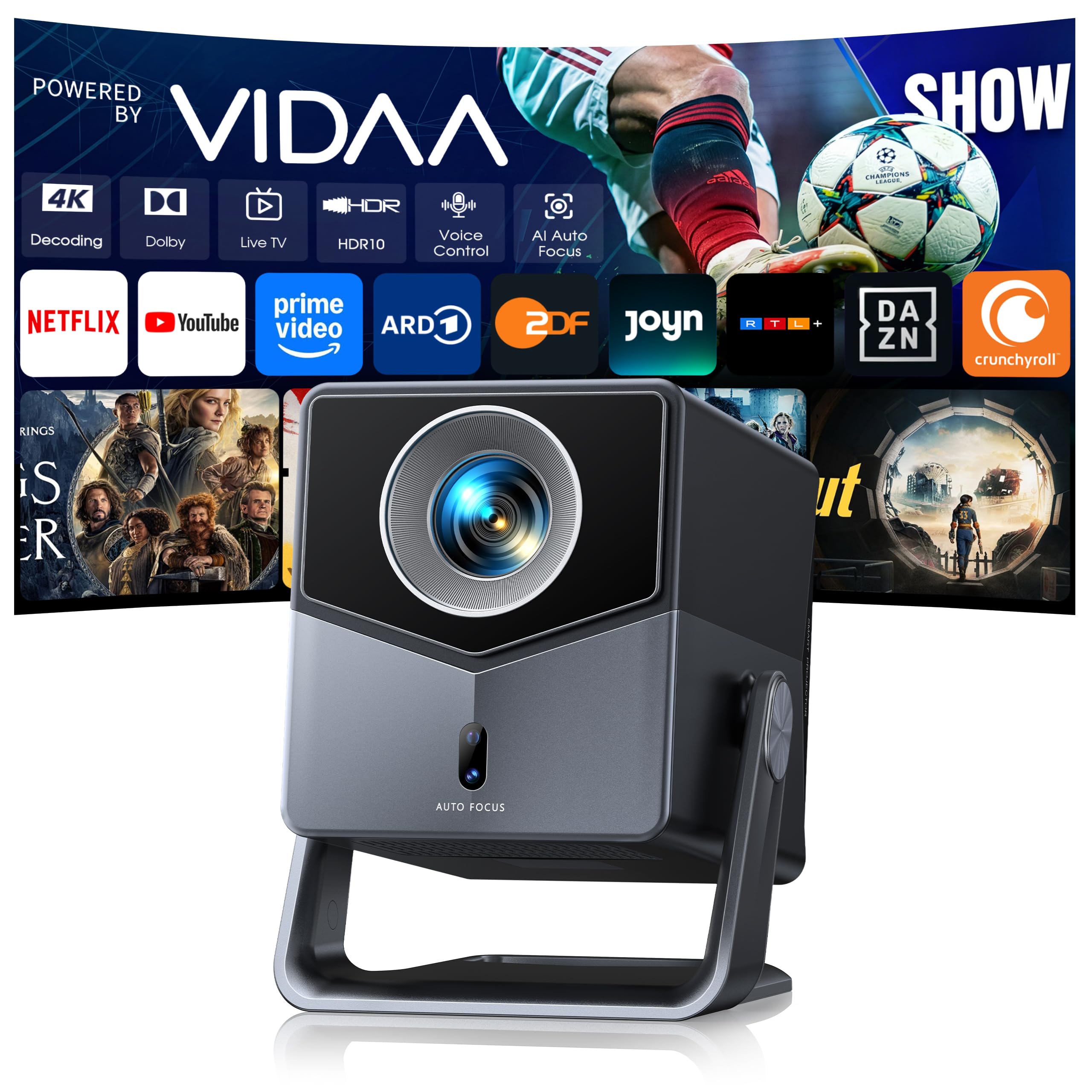 Beamer 4K [Schnellste VIDAA OS] Kompatibel mit Netflix & Dolby Audio, 1400ANSI 1080P Smart Beamer Heimkino Autofokus Trapezkorrektur, WiFi 6 & Bluetooth 5.4, 200°Drehbar Tragbarer Outdoor Projektor