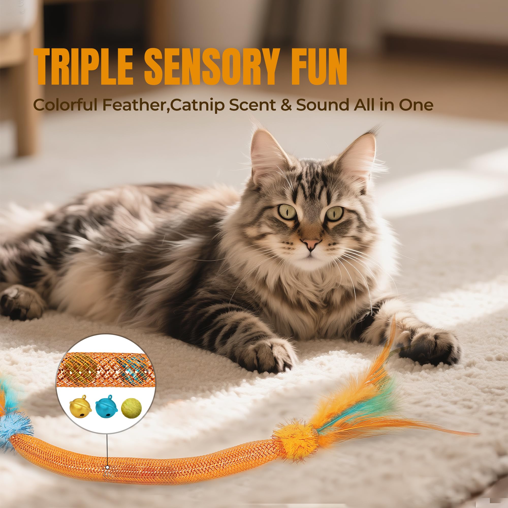 PetPrana Catnip Toys for Cats – 6 Pack Feather Mesh Tubes with Bells, Cat Chew Toys for Indoor Cats, Interactive Toys for Bored Kittens and Adults