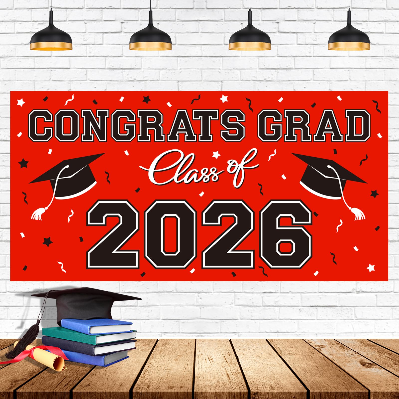 Photo 1 of 2026 Graduation Party Plastic Backdrop - 65" x 32.7" Congrats Grad Banner in Red, Large Class of 2026 Decorations, Photography & Grad Party Supplies