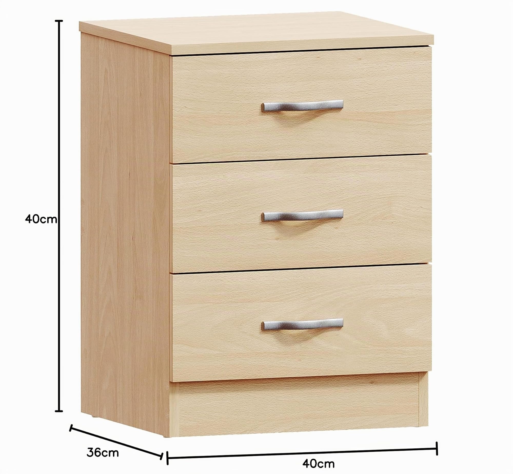 Vida Designs comodino in pino, con 3 cassetti, maniglie e guide in metallo