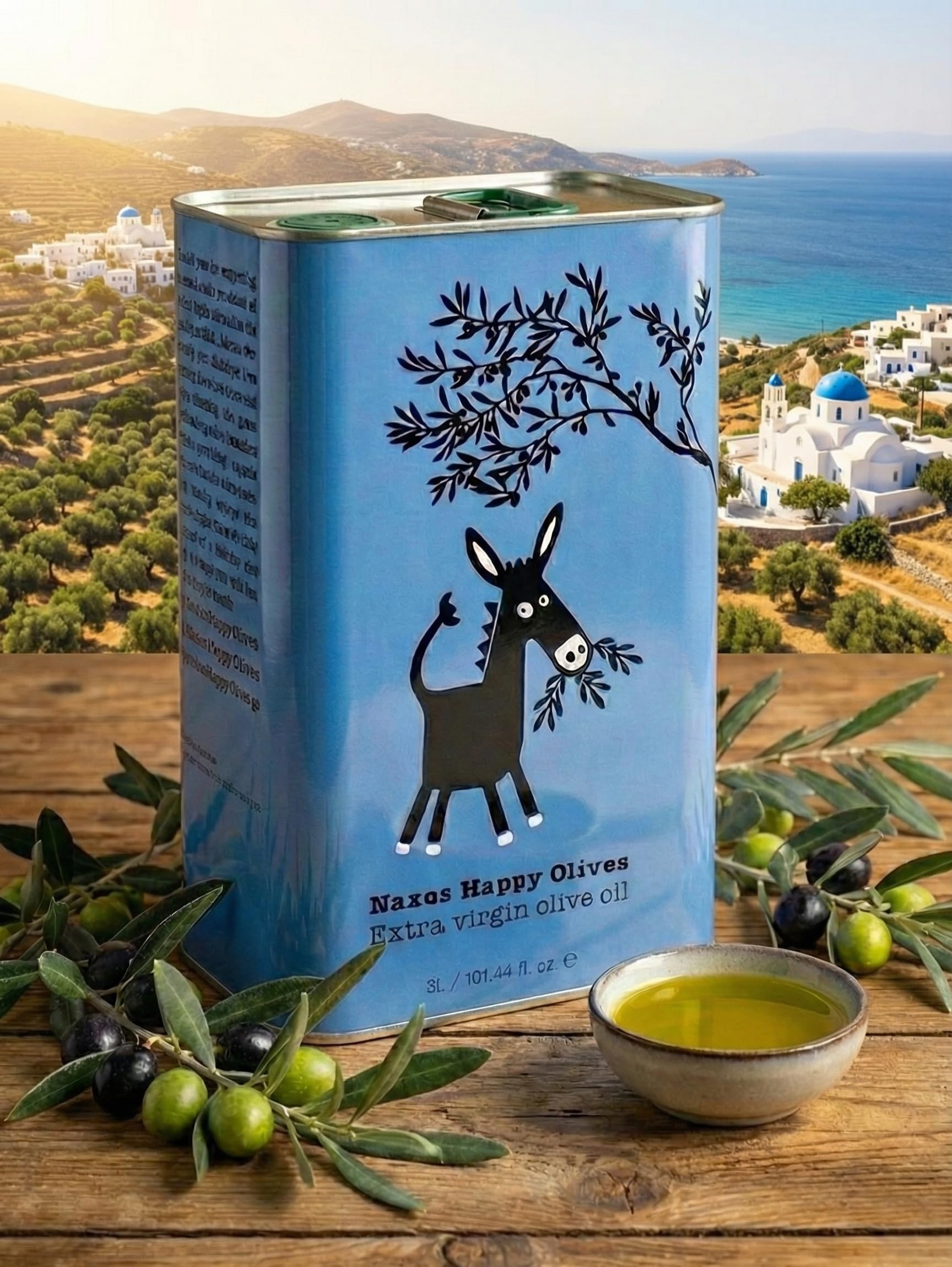 Naxos Happy Olives - Huile d'Olive Extra Vierge grecque - Bidon de 3L - Premium Olive Oil Riche en Polyphénols, Olives Récoltées à la Main à Naxos (Cyclades) (3 L, Extra Vierge)