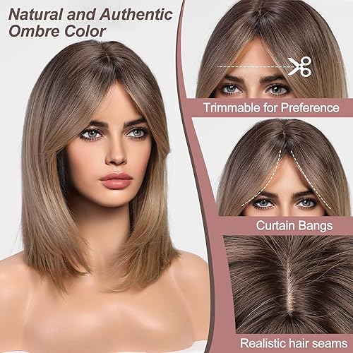 Miniatura 3 de HAIRCUBE Pelucas de color marrón degradado para mujer, peluca rubia ceniza con flequillo de cortina, longitud al hombro, peluca sintética natural