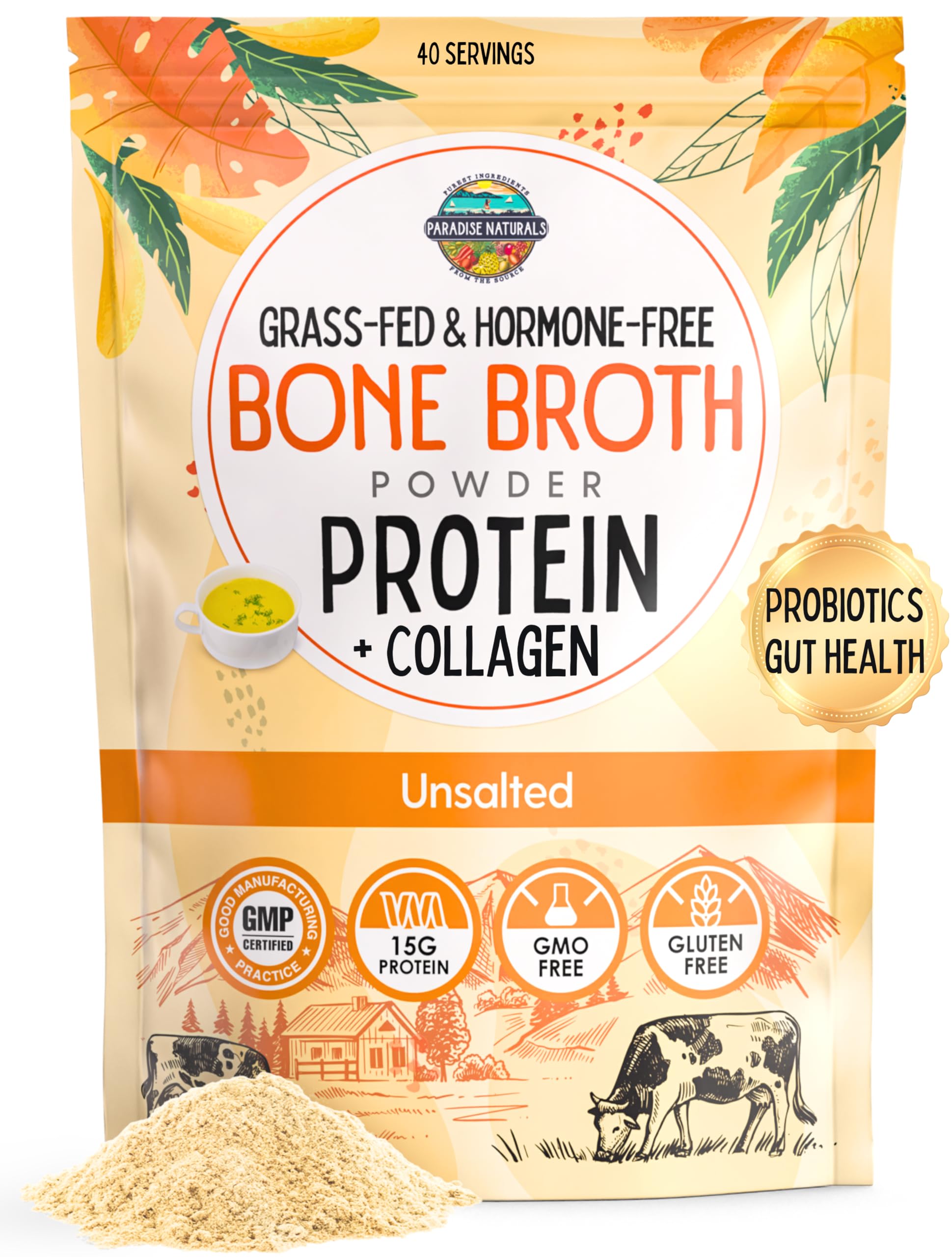 100% Grass-Fed Natural Beef Bone Broth Powder + Active Probiotics, Collagen, 15g Protein, Non-GMO, Low Sodium, Gut Health, Paleo, Keto, Gluten-Free, for Healthy Skin, Hair, Joints