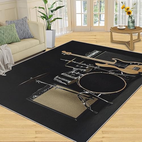 Alfombra de instrumentos musicales Alfombras de 4 x 5 pies para sala de estar, alfombra de área musical, alfombra de área musical, alfombra lavable