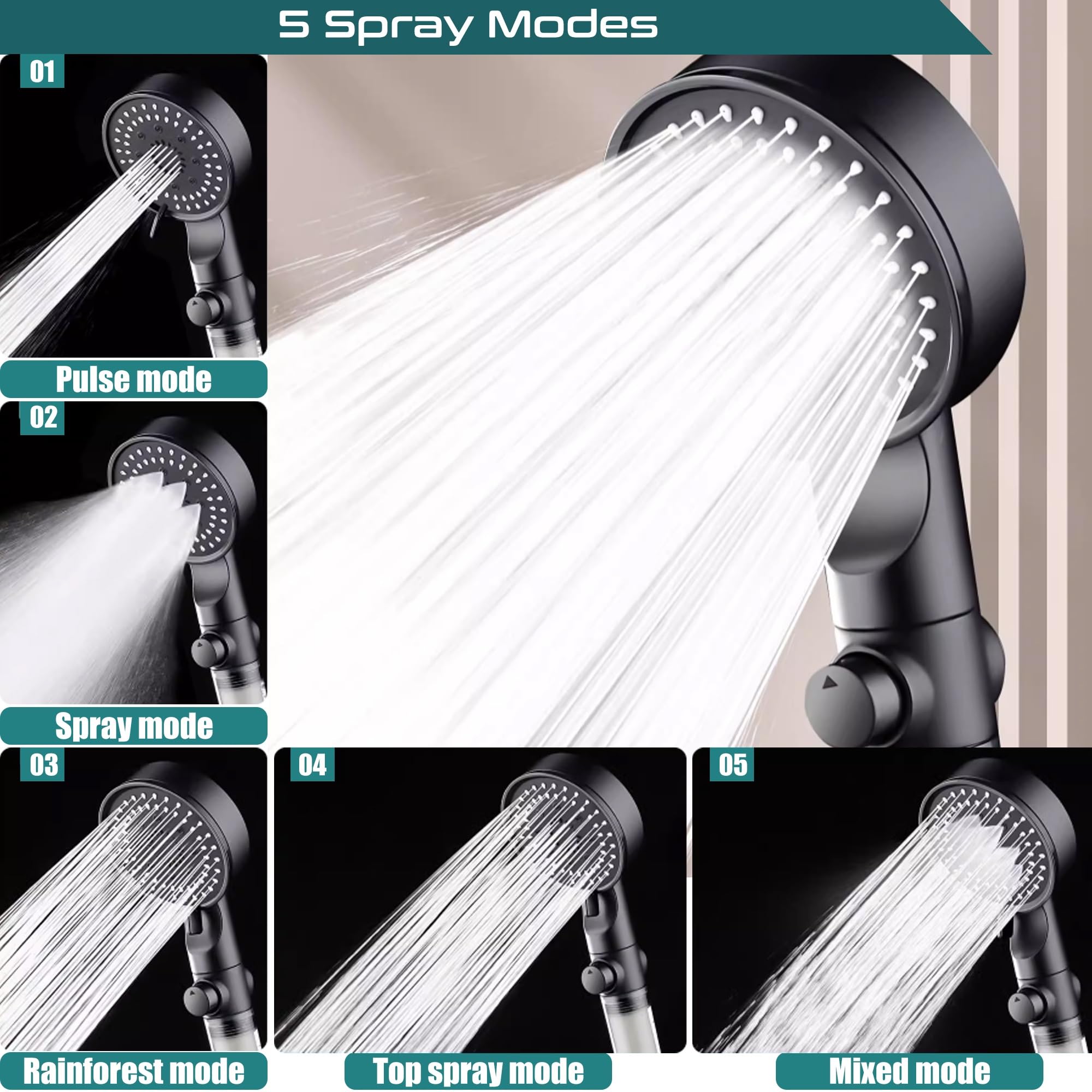 Cabezal de ducha filtrado con mano, alta presión, 5 modos, diseño desmontable, parada de agua de una tecla, filtros de agua dura para una mejor experiencia de ducha