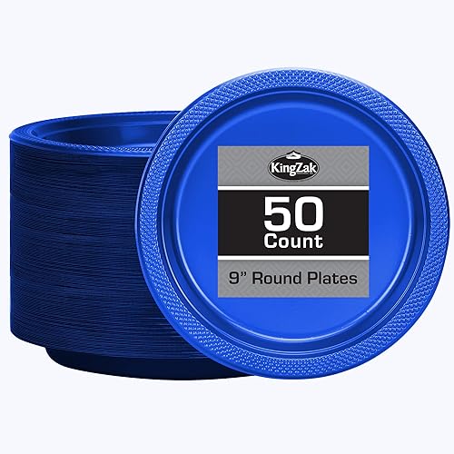 Platos de plástico azul de 9 pulgadas 50 unidades Platos redondos de plástico sólido para fiestas, bodas, barbacoas, platos de cumpleaños Platos