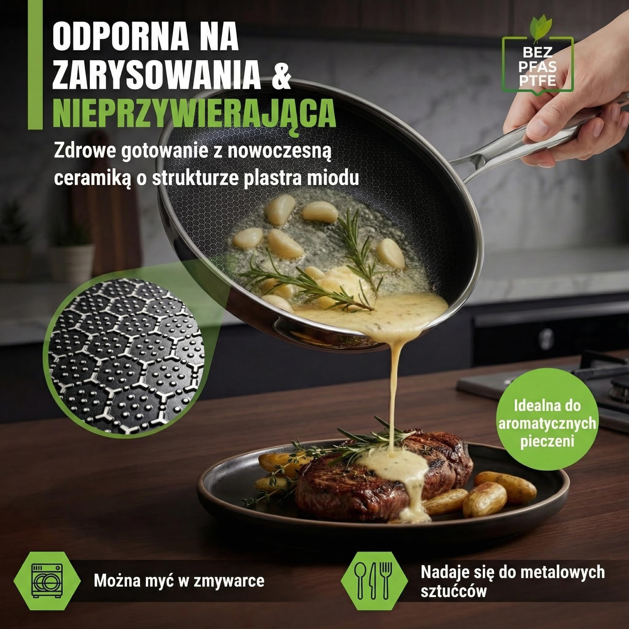 Patelnia o średnicy 32 cm, ceramiczna powłoka odporna na zarysowania | 5 warstw - 3 mm - 1,67 kg | indukcyjna, nie zawiera PFAS i PTFE | można używać w piekarniku w temperaturze do 250°C