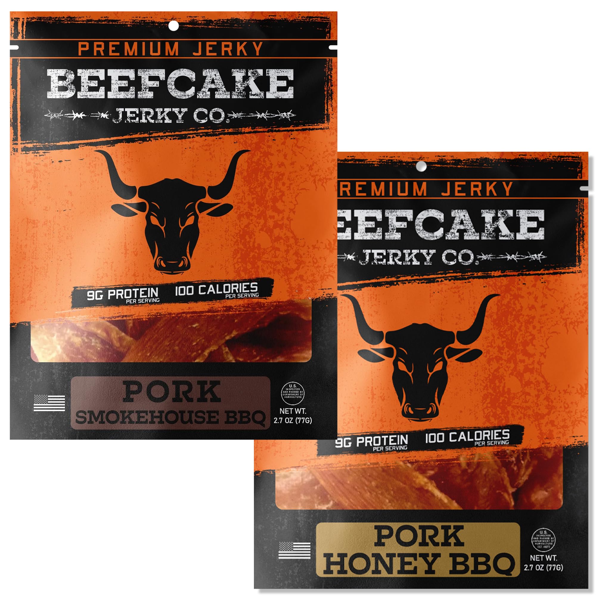 BEEFCAKE Jerky Tender Pork SmokeHouse & Honey BBQ Gourmet Meat Snacks, 9 Gram of Protein and 100 Calories 2.7 Oz | Pack of 2