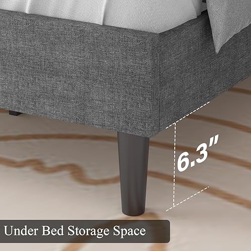 Miniatura 6 de HOMBCK Marco de cama tamaño twin, marco de cama tapizado de tela de lino gris con cabecero, marcos de cama twin para niños, listones de madera, Gris