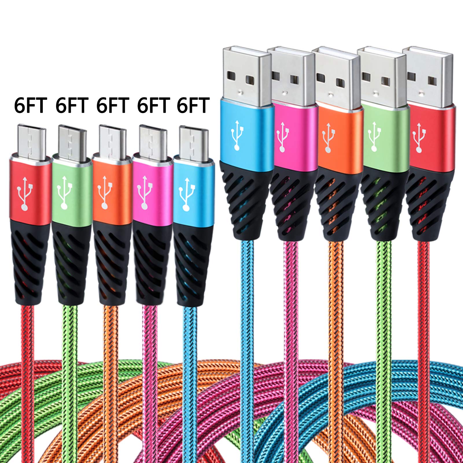 Bynccea Android Charger Cable Fast Charge,Nylon Braided Micro USB Cable 6FT 5-Pack Phone Charger Fast Charging Cord Compatible with Samsung Galaxy S6 S7 Edge J3 J7,LG,HTC,Motorola,Sony,Xbox One,PS4,