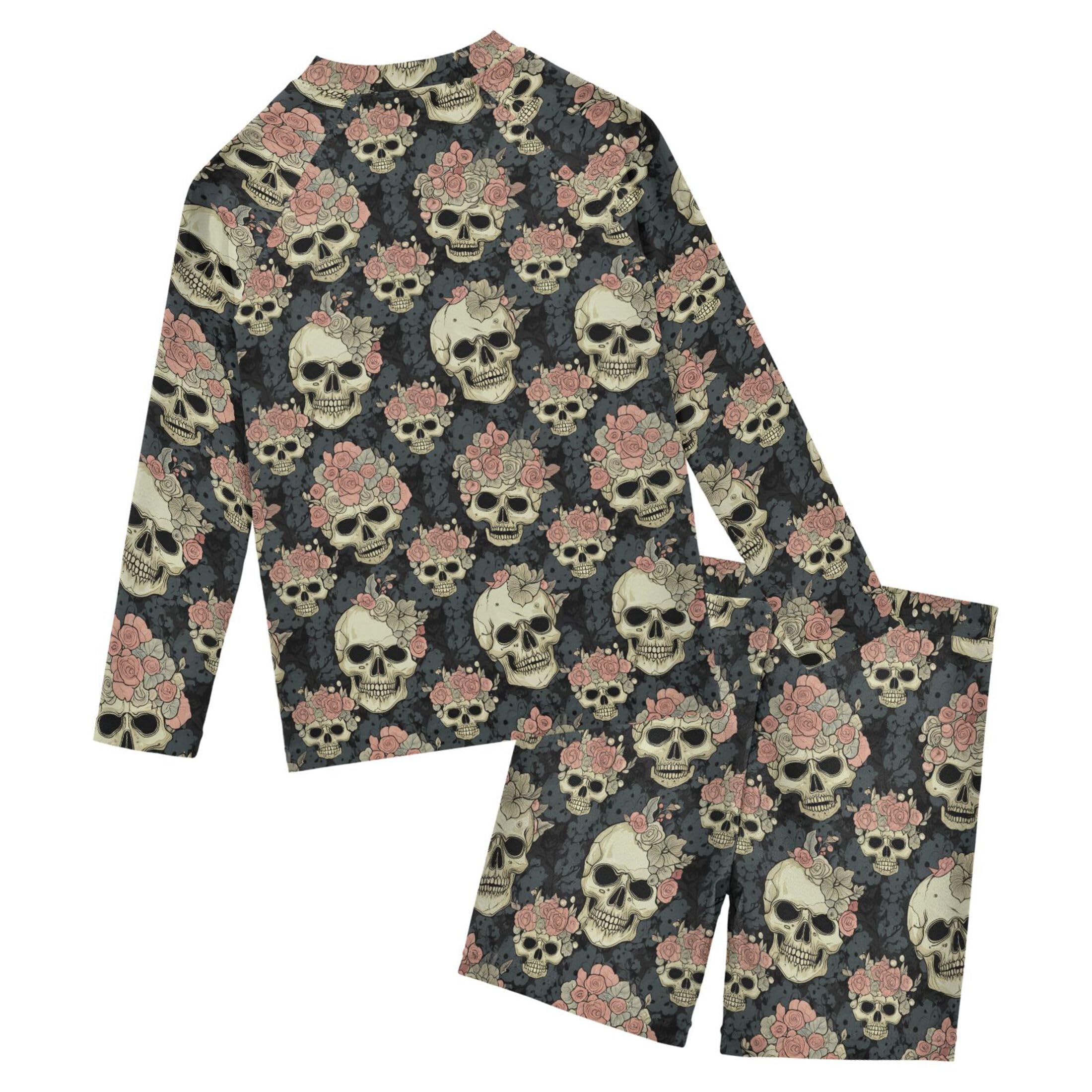 Skull Flower Toddler and Baby Boys' 2-Piece Swimsuit Trunk, Long Sleeve Rashguard Bathing Suit B0404459