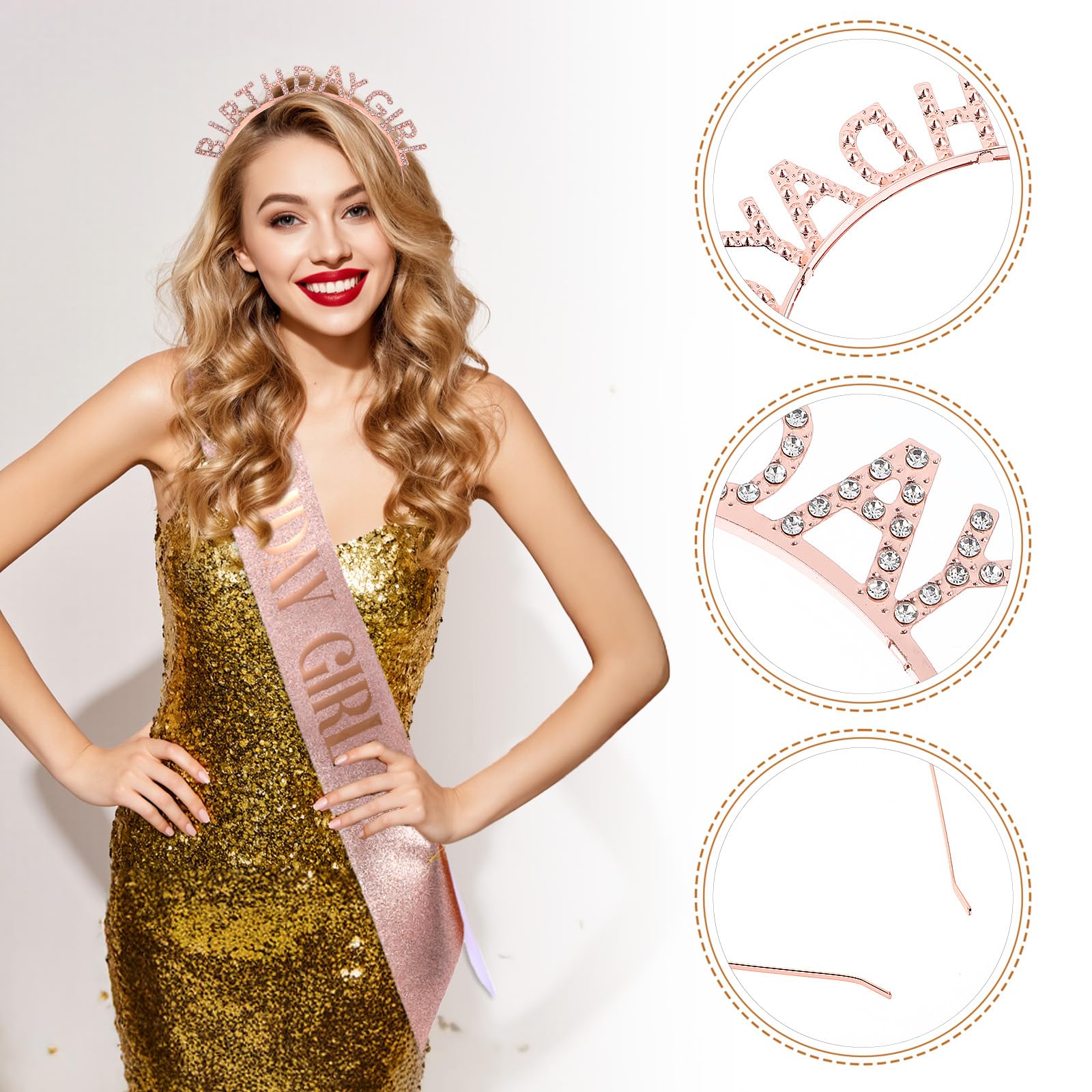 Korona urodzinowa dla dziewcząt, szarfa błyszcząca szarfa urodzinowa "birthday girl", szarfa dla dziewcząt, dla kobiet, na uroczystości, imprezę, bal absolwentów, dekoracja Happy Birthday, na