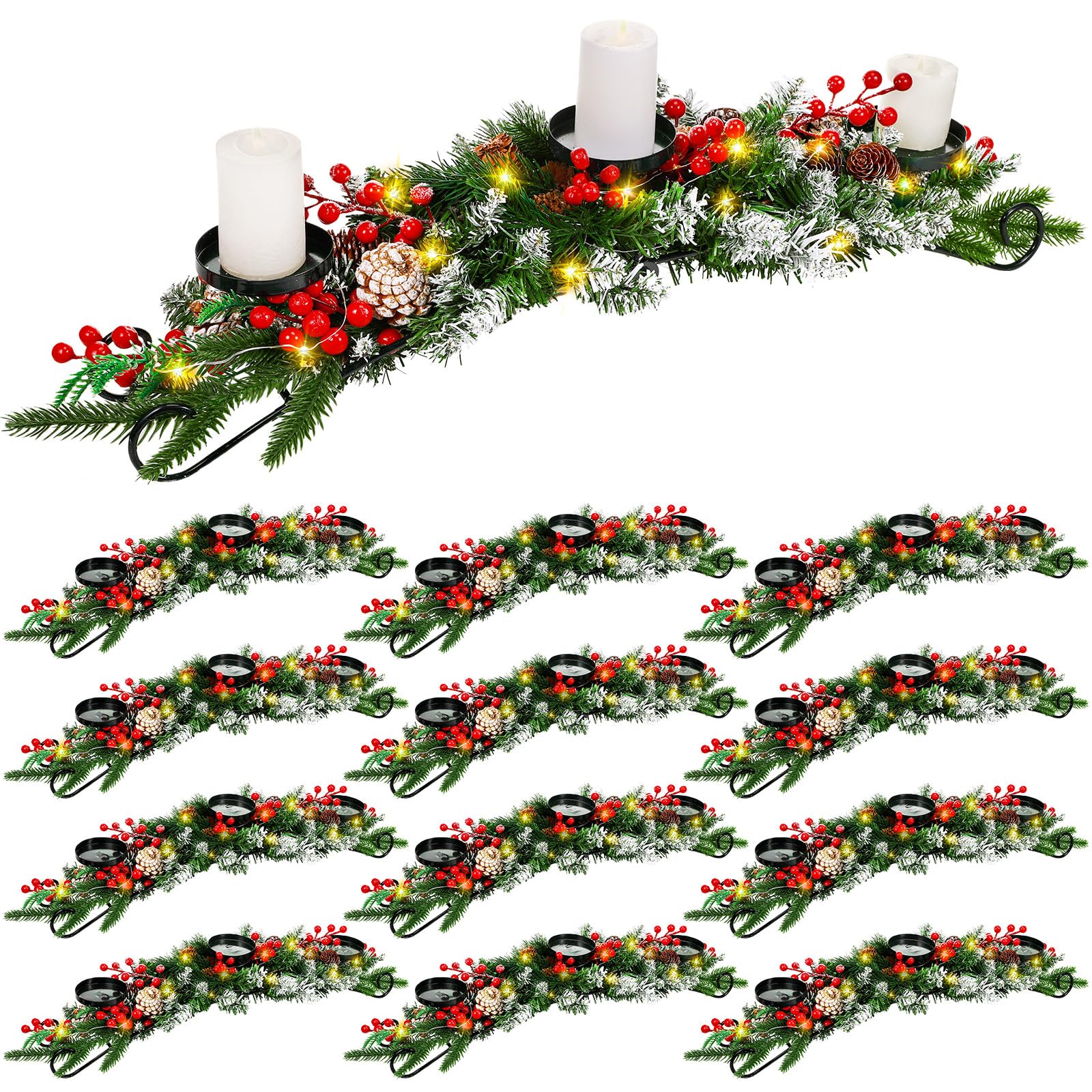 Zhehao 12 Pieces Christmas Table Centerpieces with 36 Candle Holders Artificial Red Berries Pine Cones 240 LED Fairy Lights 28.74 Inch Christmas Centerpiece for Table Home Decoration