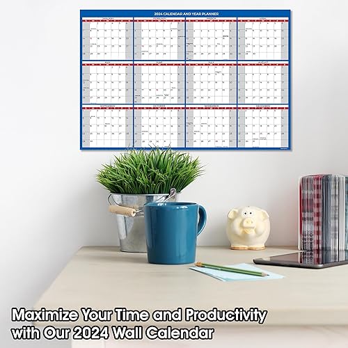 Miniatura 5 de Calendario de pared mensual 2024 grande laminado de borrado en húmedo y seco, tamaño 24 x 36 pulgadas, planificador de pared anual de 12 meses,
