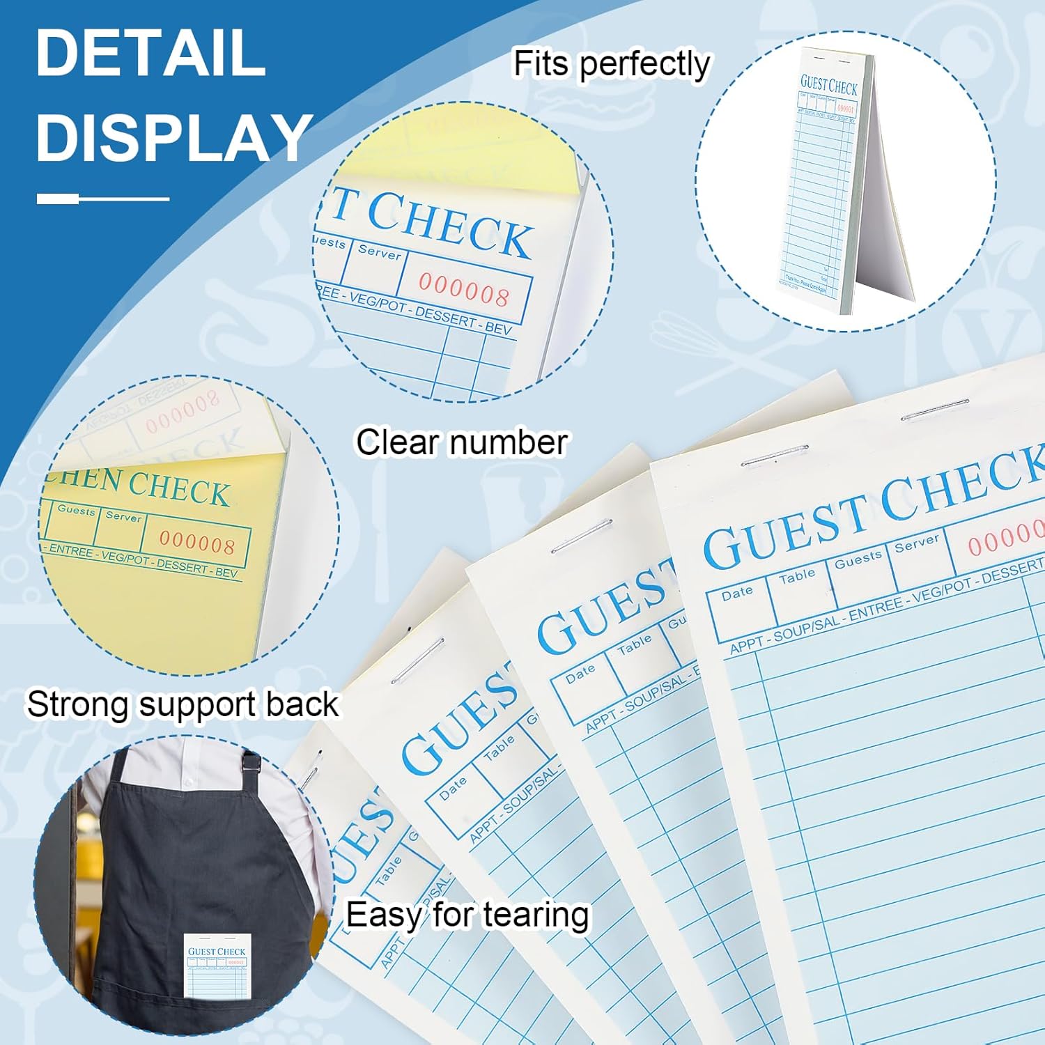 Seajan 50 Pack Guest Check Pads Server Note Pads 3.5 x 6.7 Inch Guest Check Book for Servers 2 Part Carbonless Waiter Notepad Food Order Tickets for Bar Cafe Restaurant, 2500 Total Tickets (Blue)