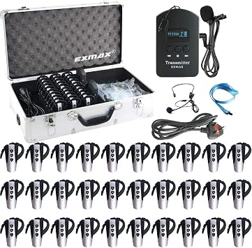 EXMAX EXD-6824 2.4G Hands-free Wireless Tour Guide Audio Voice Transmission System 9999 Channels for Interpreter,Presenter,Coach,Teacher,Pastor - 1 Transmitter 30 Receivers +32-slot Charging Case