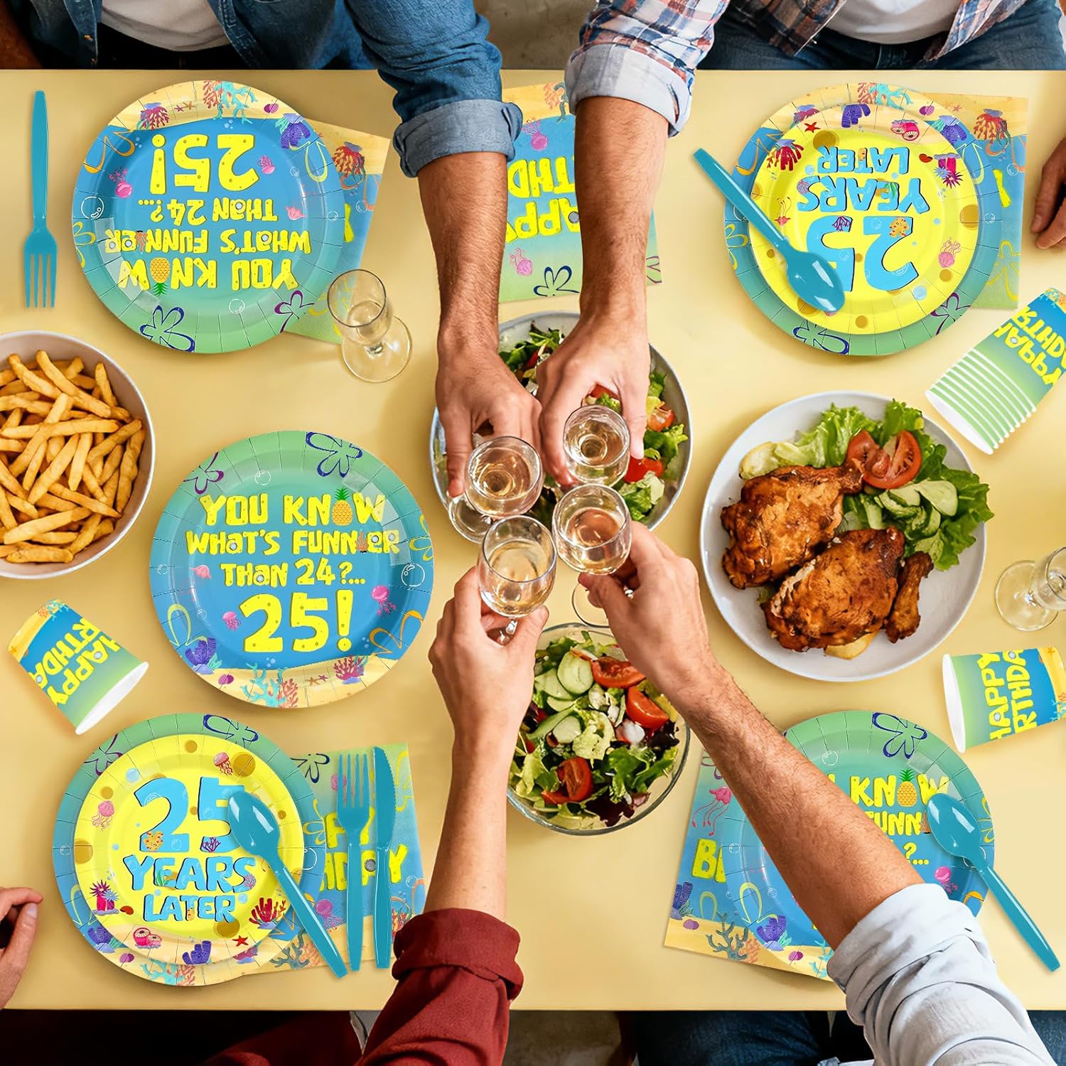 168Pcs Yellow Cartoon Party Supplies 25th Birthday Plates and Napkins Blue Yellow Ocean Disposable Paper Tableware for adults Underwater Birthday Party Supplies Serves 24