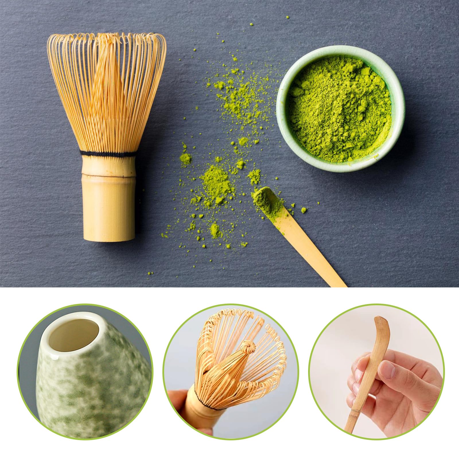 PORFOYO Matcha Set mit Elektrische Milchaufschäumer, 5 - teiliges Macha Tea Set, Matcha Tee Set, Matcha Besen Set, Enthält Matcha Schale, Matcha Bambus-Teebesen, Bambusschaufel, Schneebesenständer