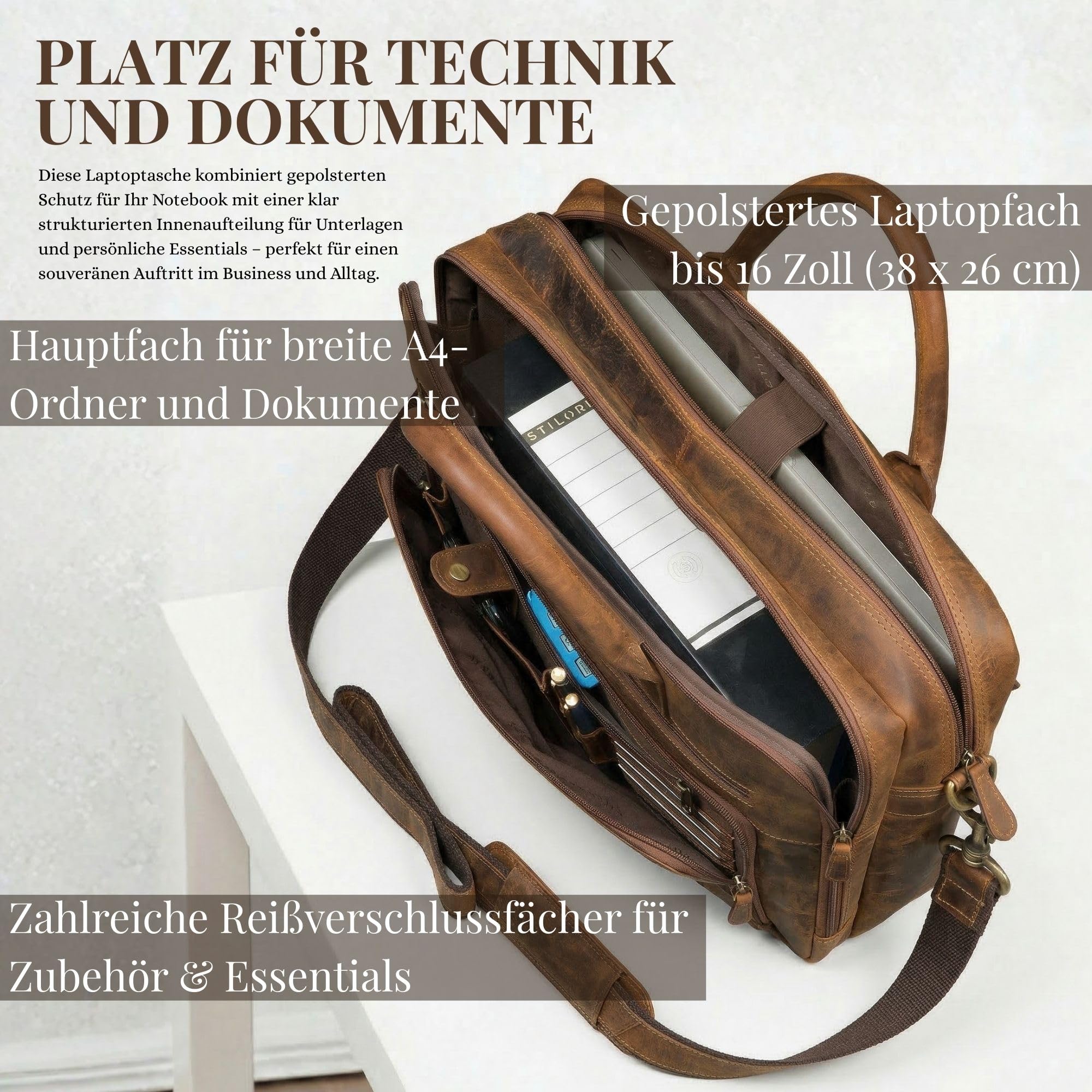 STILORD "Dylan Business Aktentasche Herren Leder Groß | Premium Laptoptasche 16 Zoll Arbeitstasche Echtleder Dokumententasche A4 Ledertasche mit abnehmbaren Schultergurt Farbe:schwarz