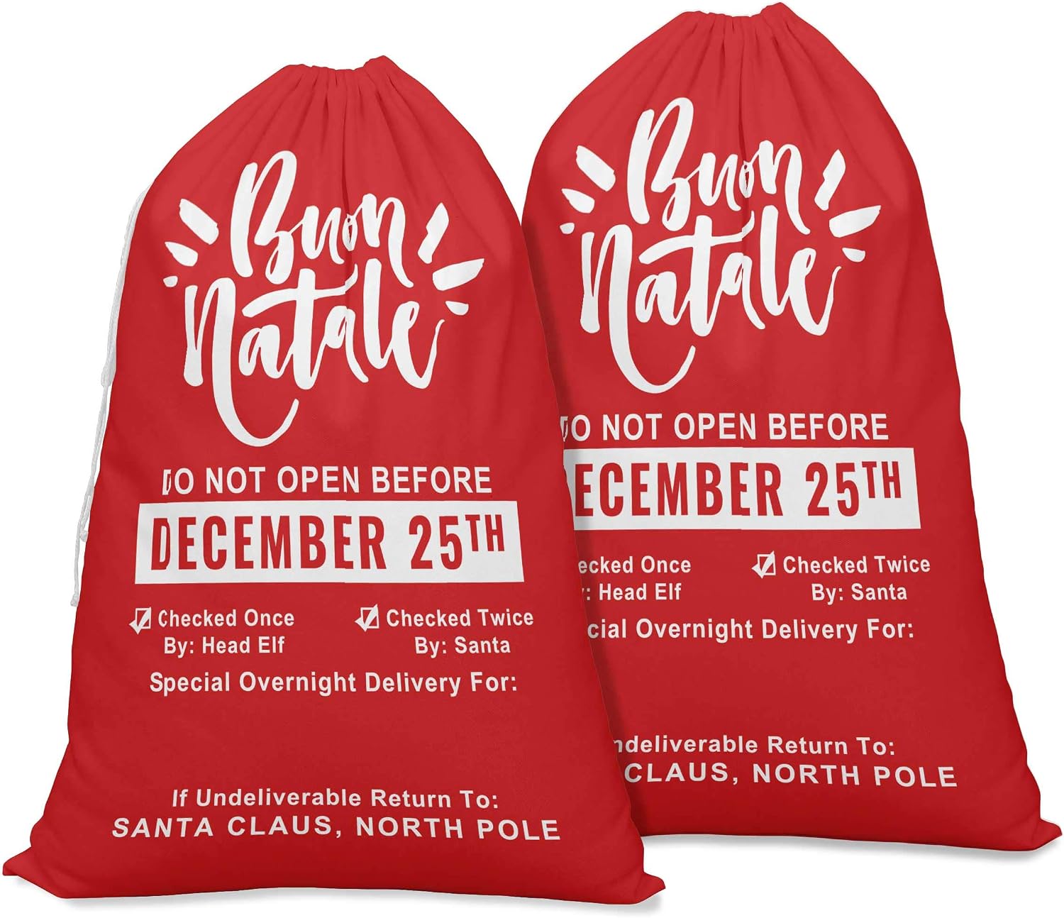 Printtoo 2 Pcs Large Santa Sacks with Drawstring Canvas Xmas Gifts Bags for Kids Christmas 27x20 Inch