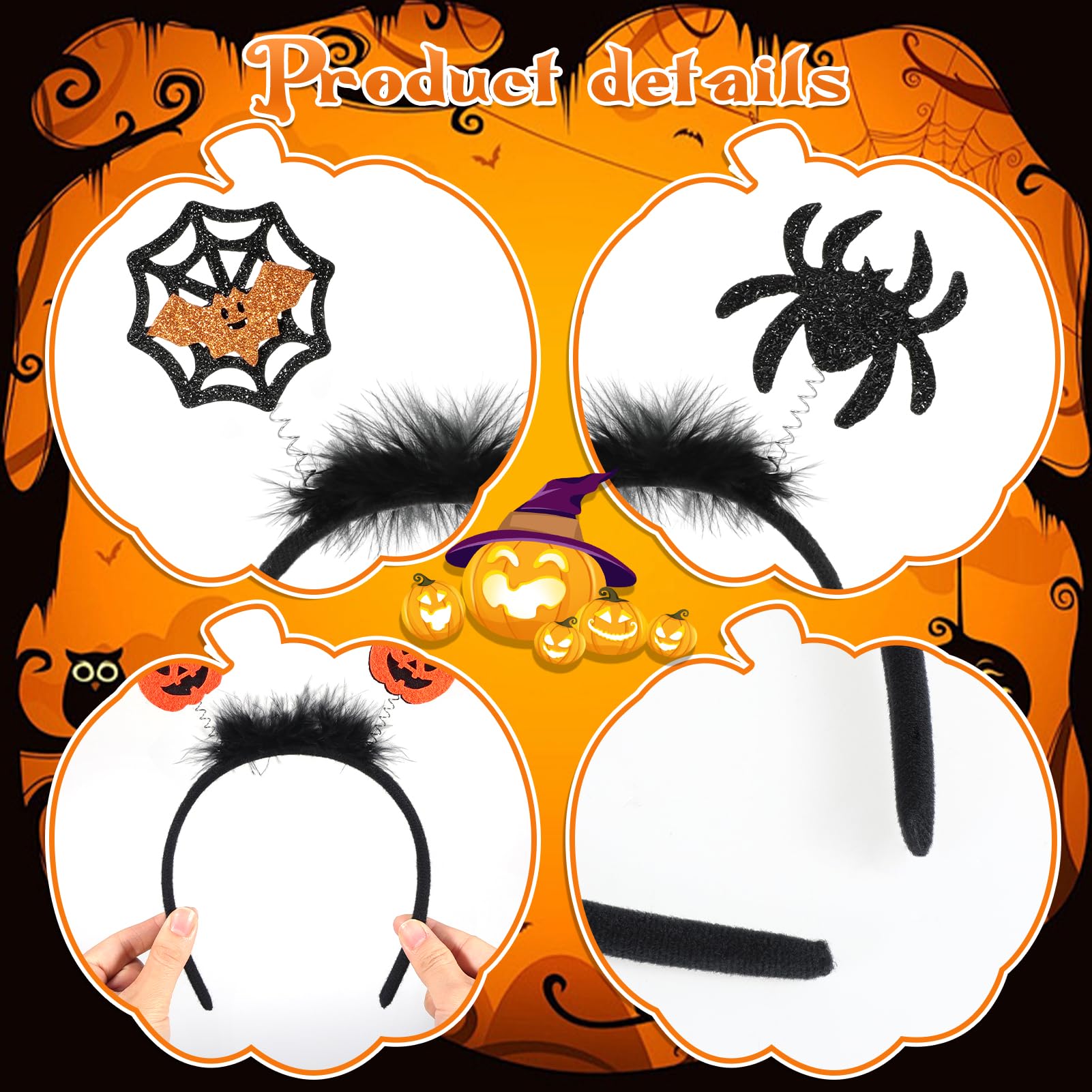 HOWAF 4PCS Halloween Headbands for Women Kids Adult Pumpkin Headband Bat Headband Spider Ghost Hairband Head Boppers & 4 halloween Face Tattoos Stickers for halloween Costume Accessories Fancy Dress - Image 4