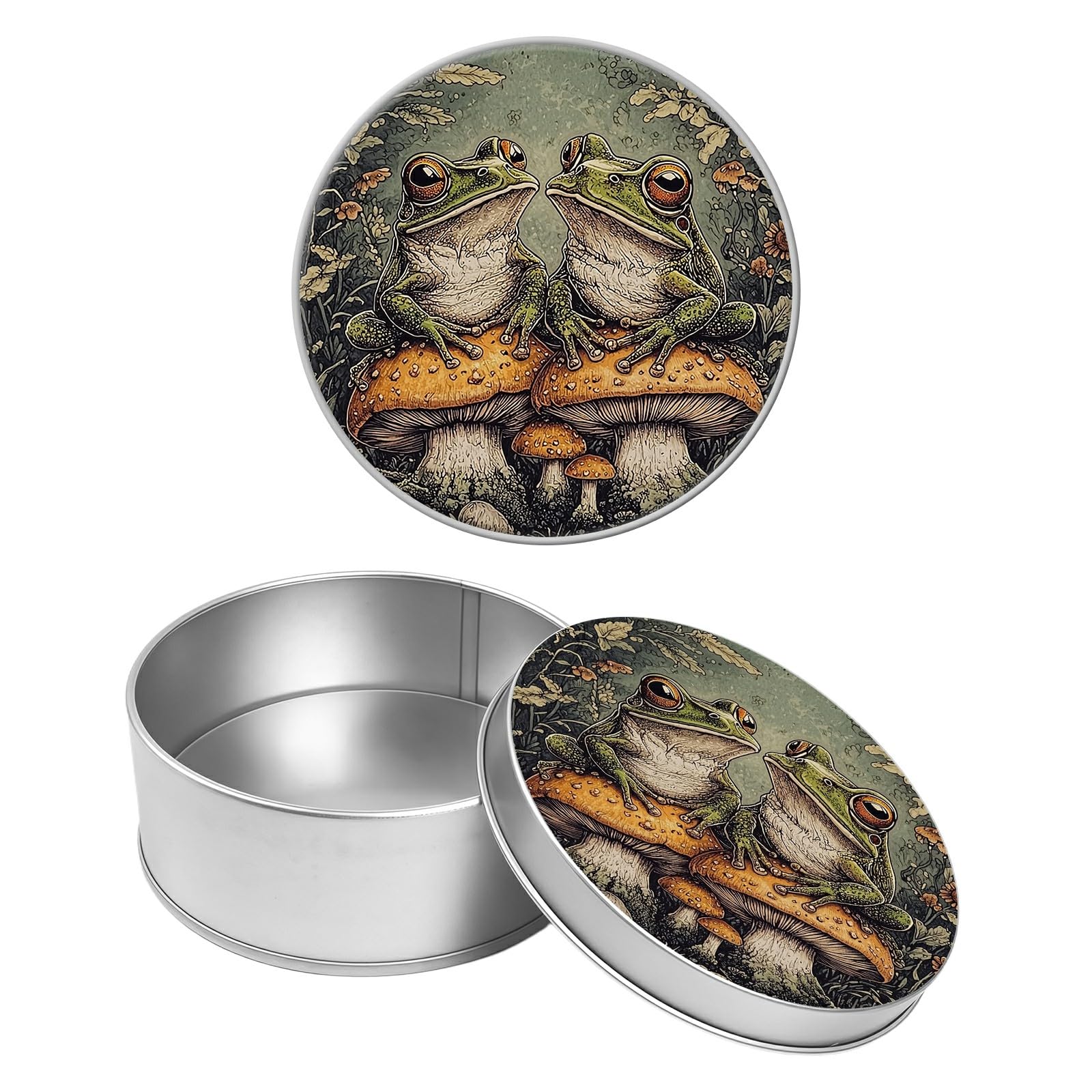 Round Metal Tin Container with Removable Lid, Frogs Mushrooms Durable Metal Storage Box for Crafts Snacks Candies Office Supplies Small Items 3.54 x 1.38 inch– Single Pack