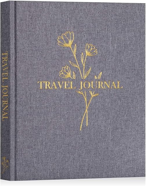 Lanpn Travel Photo Journal Notebook for Women Men, Linen Travel Log Diary Scrapbook Memory Book with Prompts, Anniversary Journals Traveling Gifts (Grey, 110 Pages)