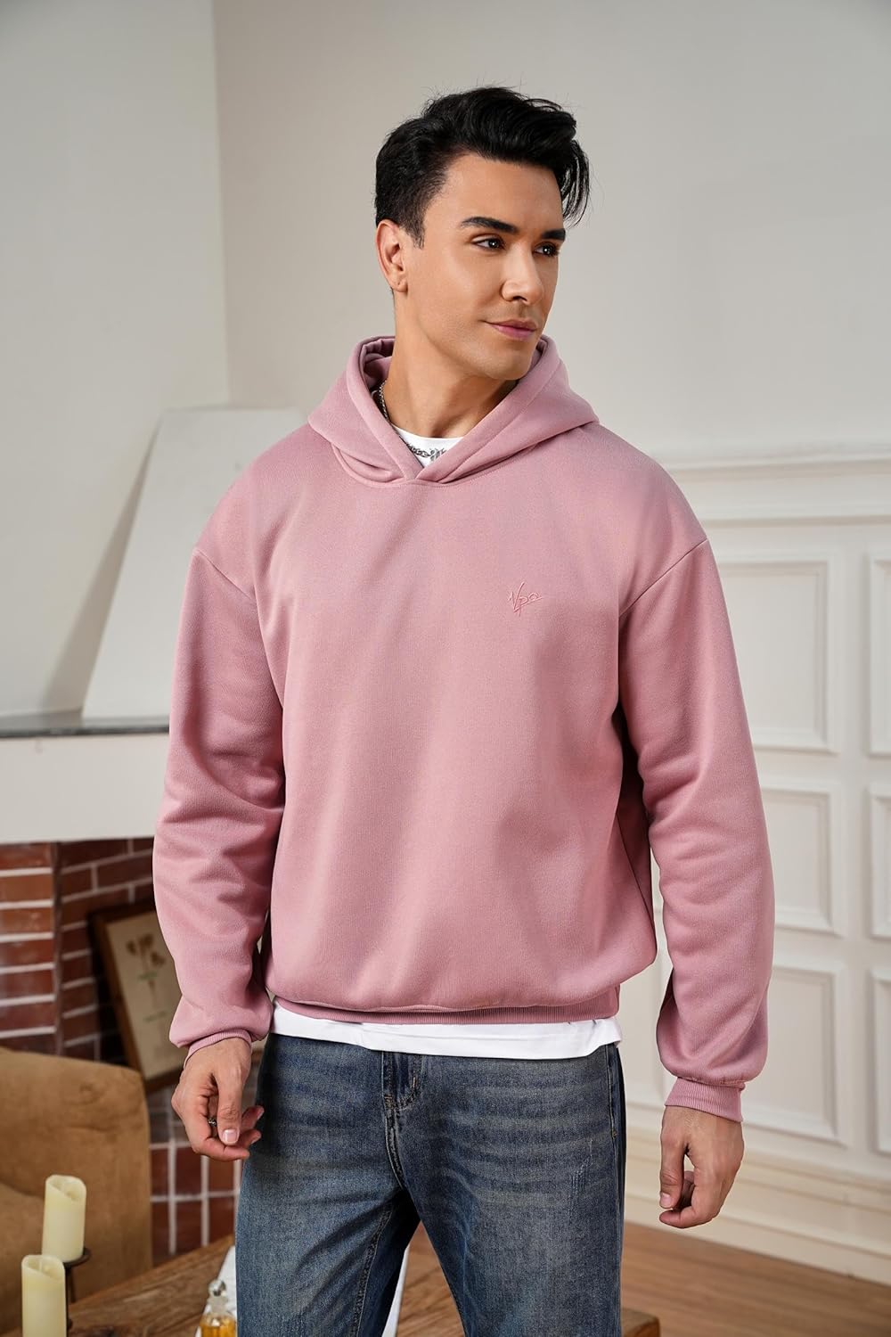 VPG Pink Hoodie for Men, Plain Long Sleeve mens sweatshirt Fleece Pullover Workout Hooded Sweatshirt - Image 2