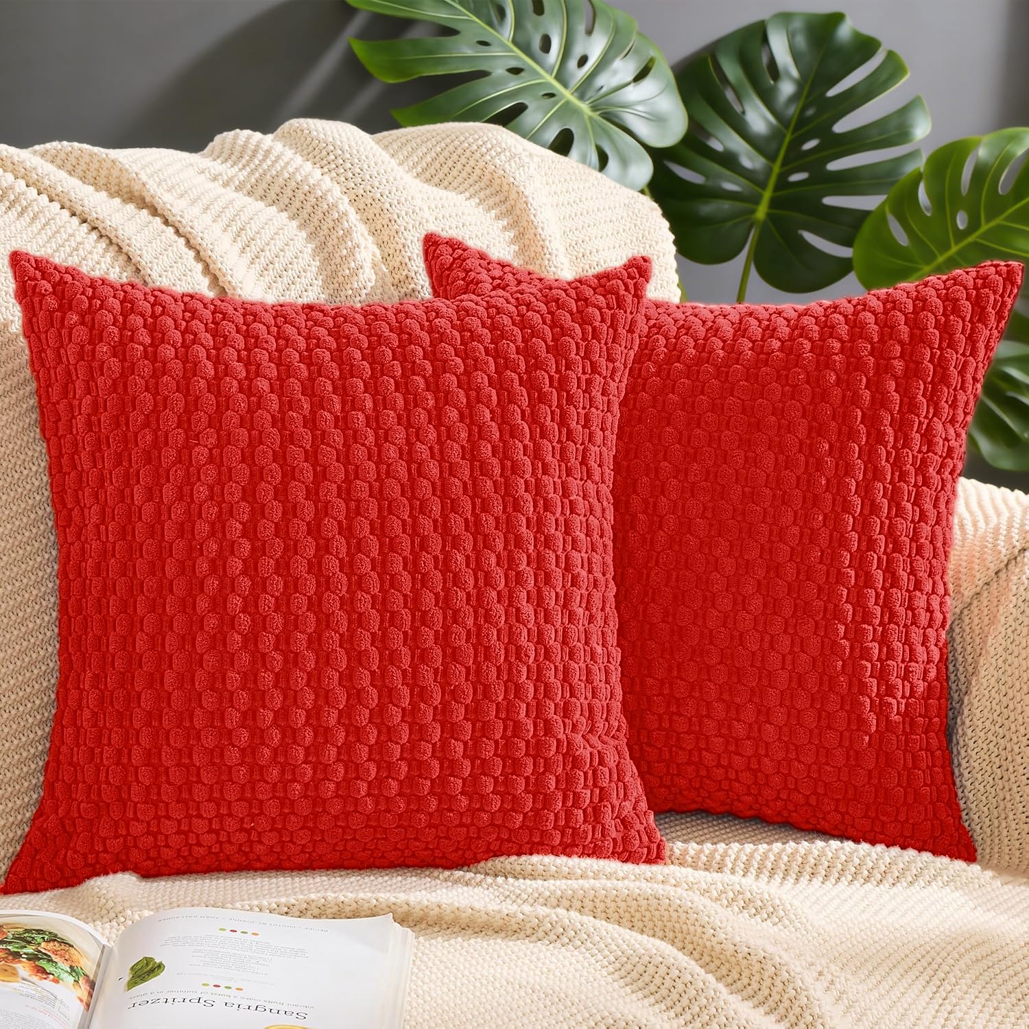 FSZhenZuan Pack of 2 Cushion Covers 45x45cm Soft Corduroy Throw Pillow Covers Decorative Pillows Square Cushion Cases Boho Pillowcases for Couch Bed Living Room Home Decor, Red