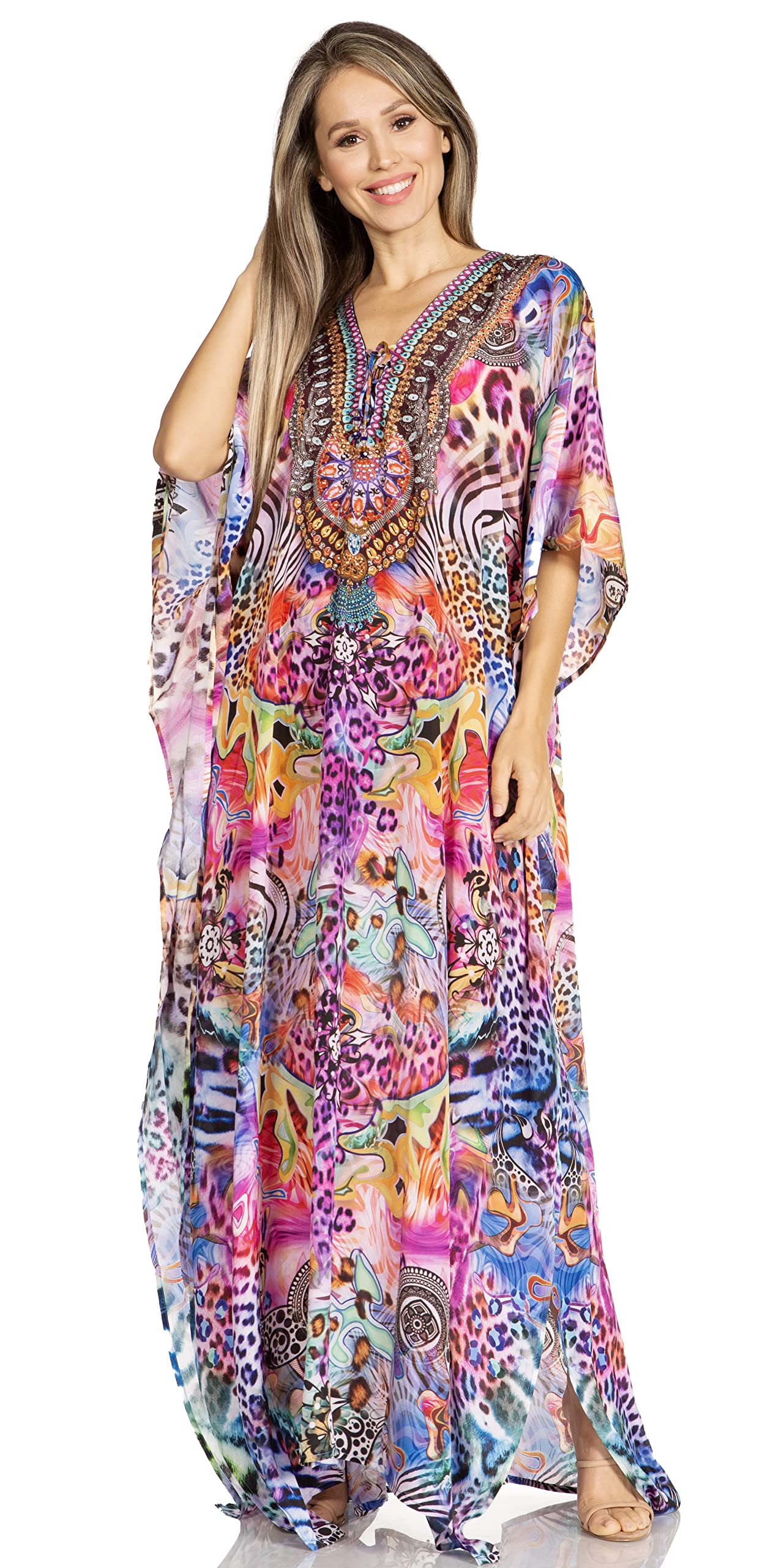 Sakkas Yeni Women's Short Sleeve V-Neck Summer Floral Long Caftan Dress Cover-up