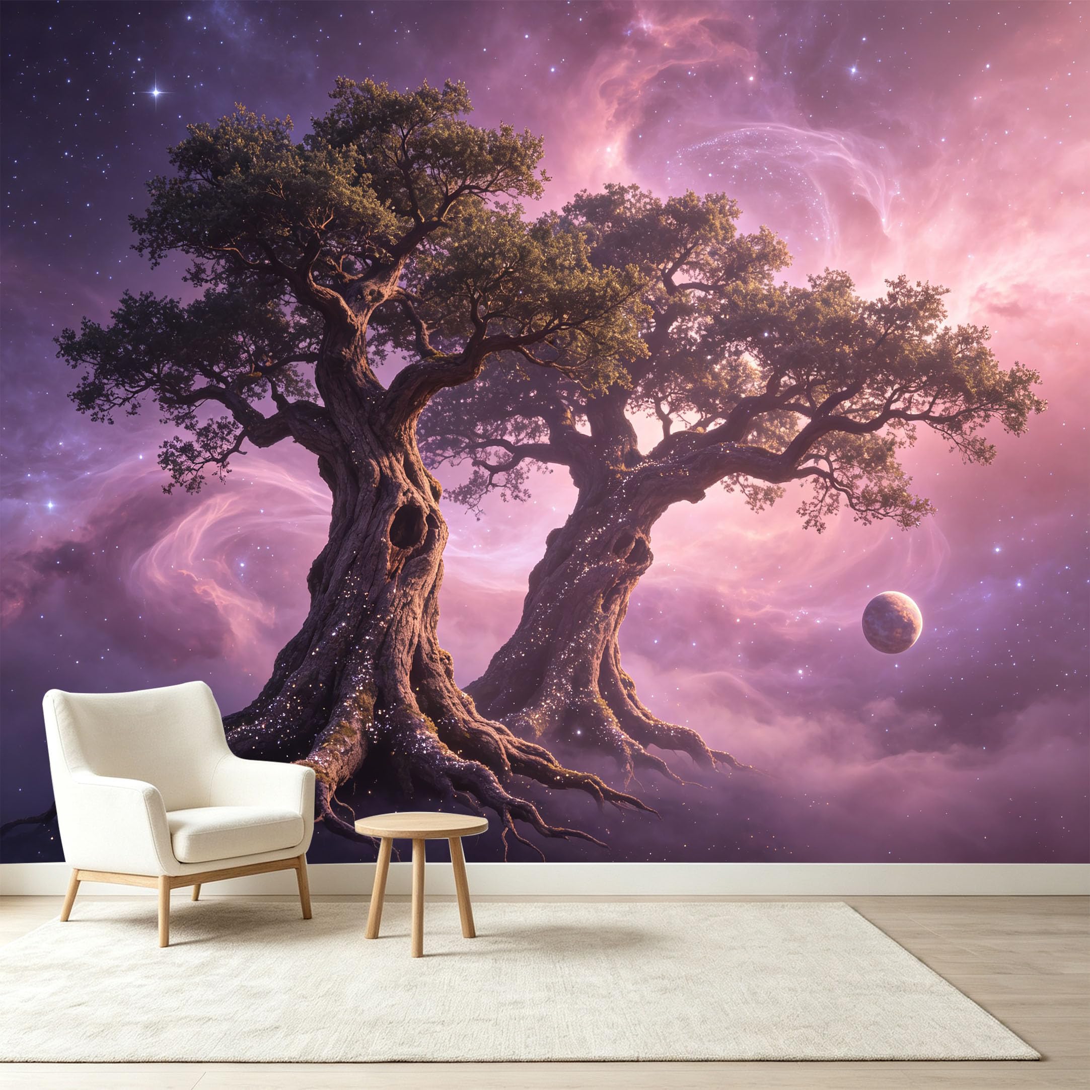 Custom Size Wall Murals Cosmic Ancient Tree Nebula Energy Starry Sky Self-Adhesive Wall Fabric Removable Wallpaper Wall Decor for Living Room Bedroom Bathroom