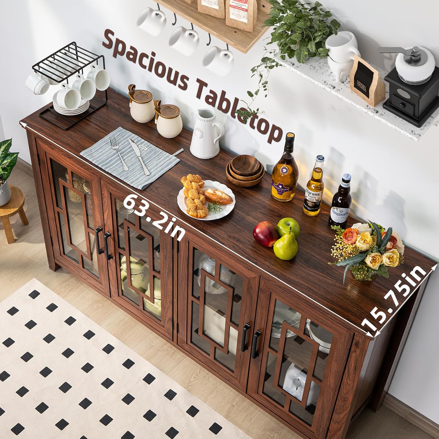 Large Sideboard Buffet Cabinet with Storage, 63" Farmhouse Credenza with 4 Glass Doors, Adjustable Shelves Console Table, Wood Kitchen Coffee Bar for Dining Room, Living Room, Brown