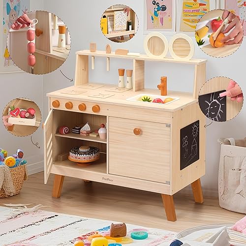 Miniatura 4 de PairPear Cocina de juego para niños, grande de madera natural para niños, accesorios de cocina con manualidades y estantería, juguetes de comida