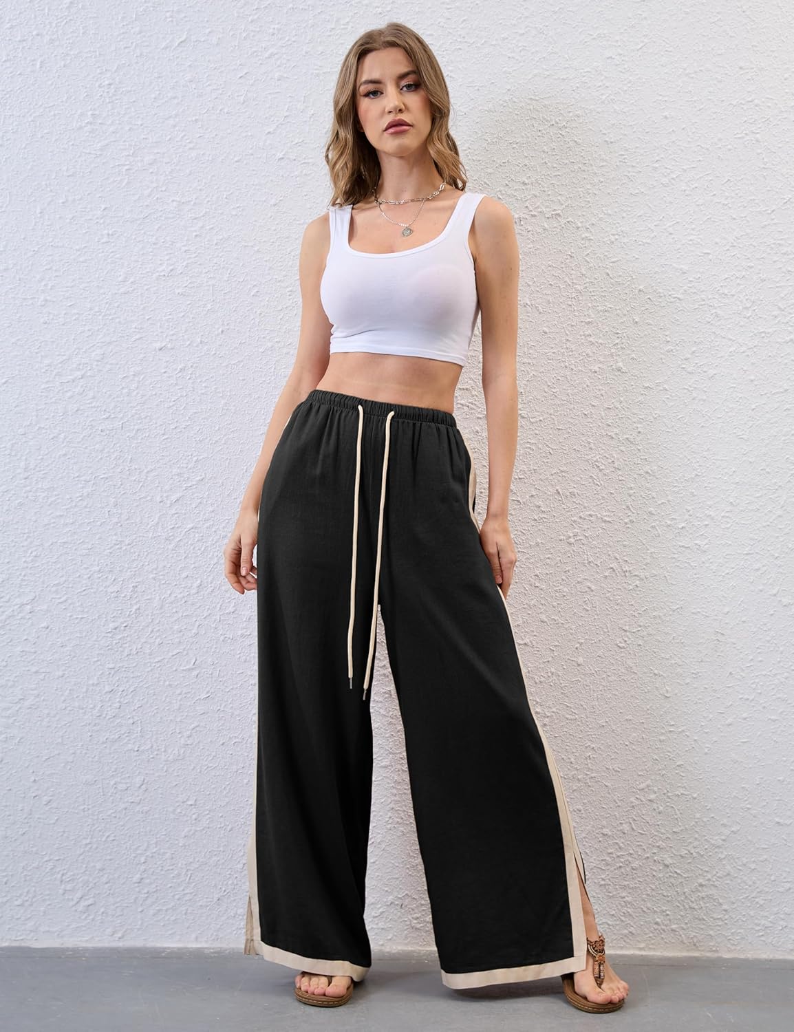 Lentta Womens Linen Wide Leg Pants Side Striped Palazzo Pants Beach Pants with Pockets Lounge Vacation Outfits - Image 5