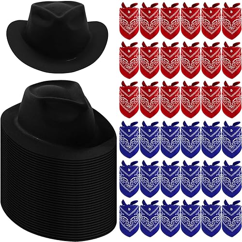 Hillban Paquete de 72 sombreros de vaquero y bandana, 36 sombreros de vaquero 36 bandana de vaquero a granel para disfraces de fiesta de disfraces