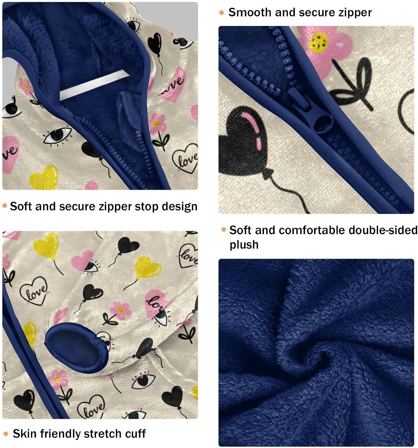 Love and Heart Pattern Fleece Jacket Toddler Boy Outerwear Jackets Navy Blue Baby Boys Hoodie