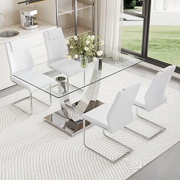 Silver Dining Table Set for 4,5PCS Glass Dining Room Table Set for 4, 63 Rectangular Tempered Glass Top Kitchen Table Set and 4 Chairs for Dining Room Kitchen