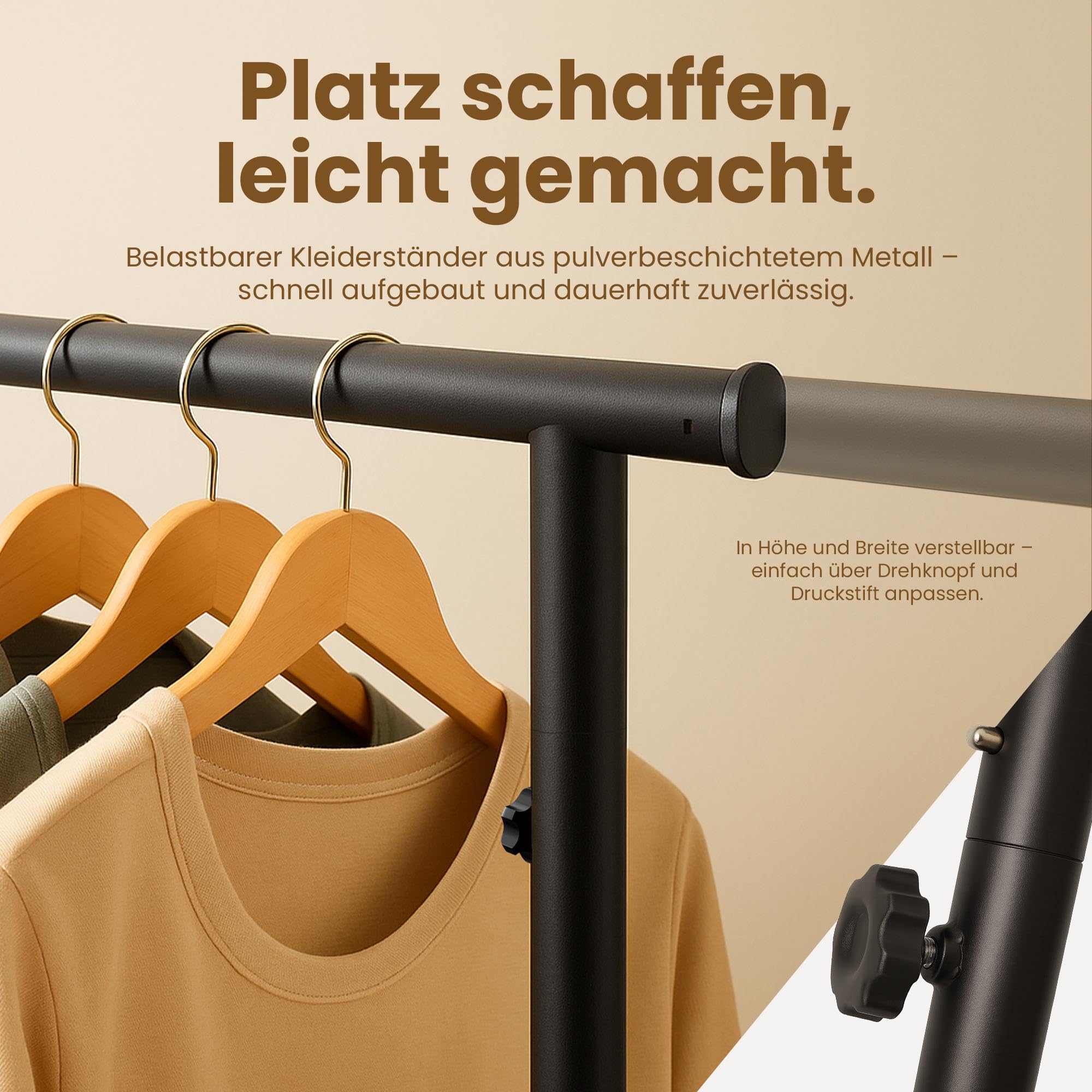 CLP Kleiderständer auf Rollen sehr stabil Soran, ausziehbare Kleiderstange höhenverstellbar klappbar, Garderobenständer Metall schwarz Größe 120x50x188 cm