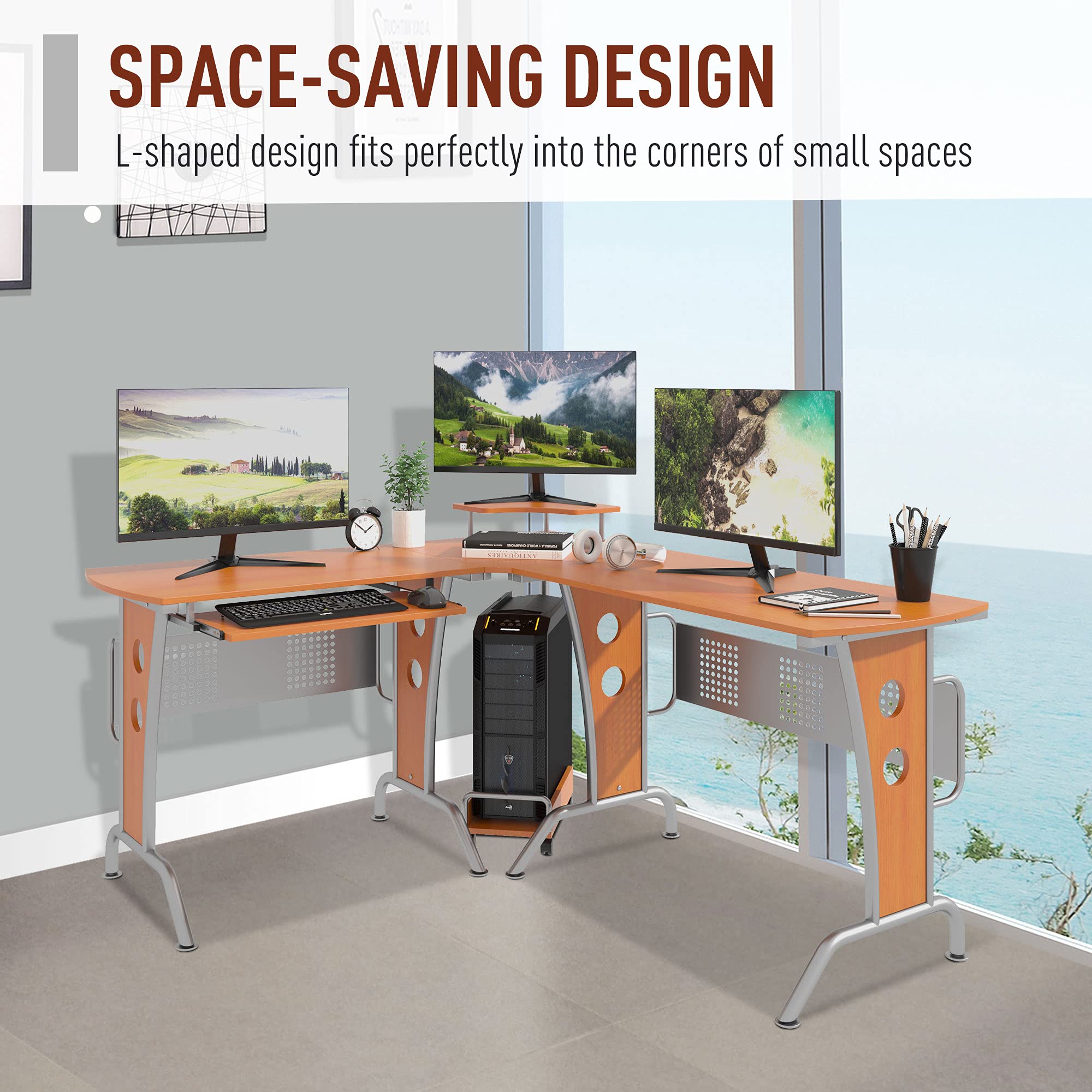 LShaped Corner Computer Office Desk Workstation with Elevated