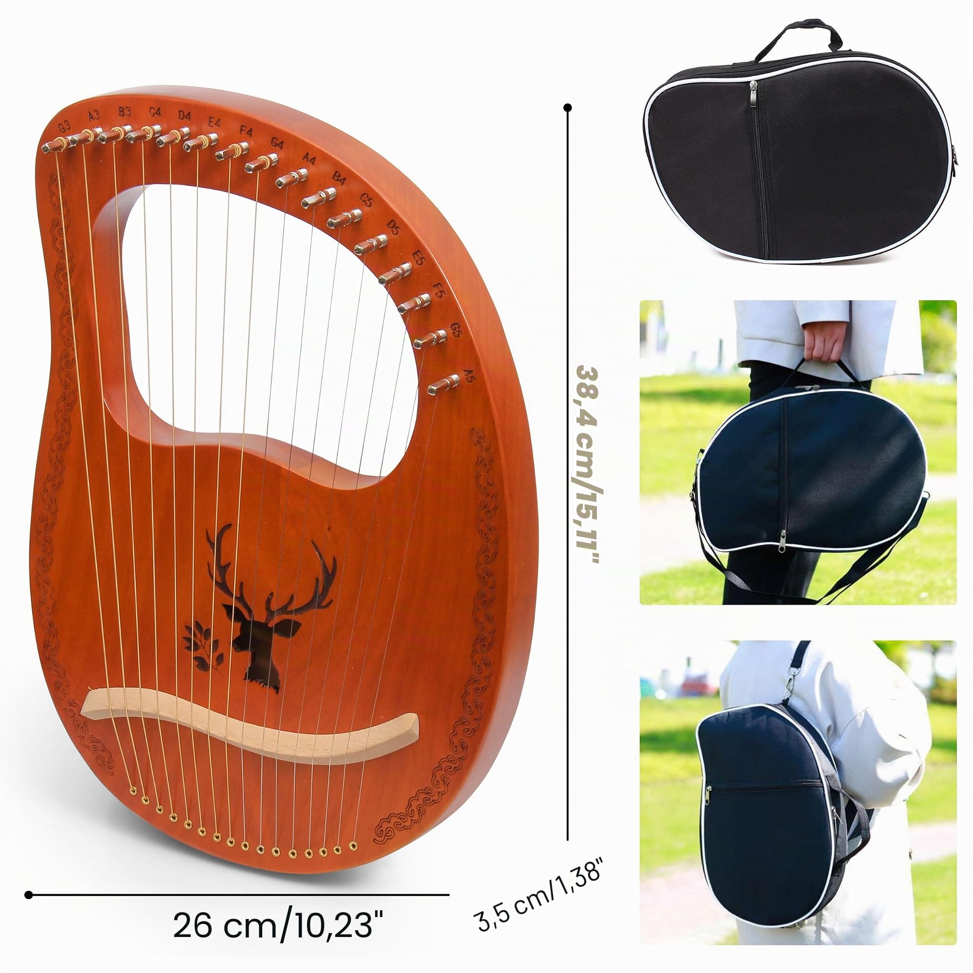 Lyre Harfe, Kleine Harfe Instrument, 16 Saiten Lyre Harfe, Mahagoni-Laugenharfe mit Metall Saiten Tragbare Harfe im Antiken Stil mit Stimmschlüssel und Tragetasche, Braun, Elch-Muster