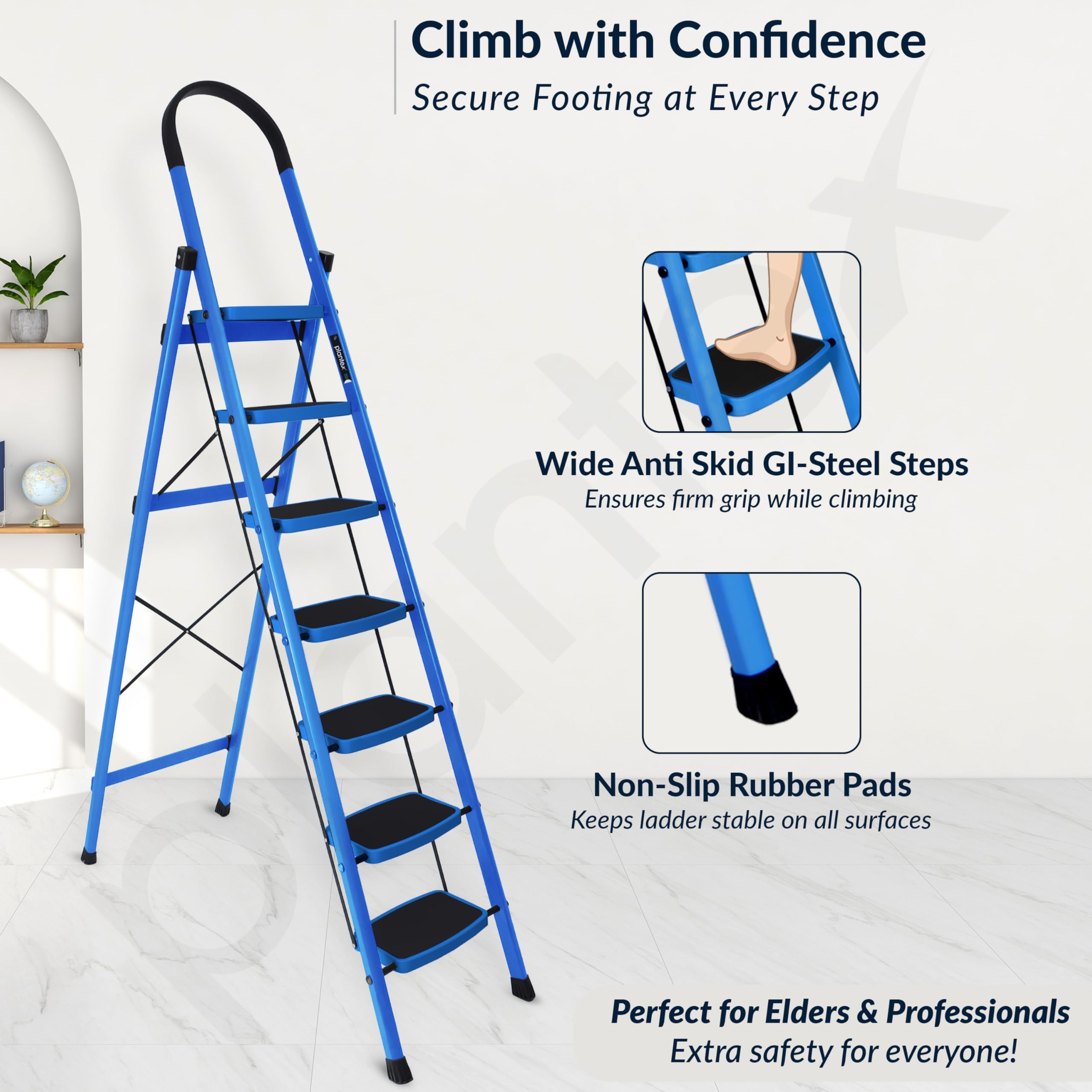 Plantex Premium Steel - 7 Step Ladder/Wide Anti Skid Steps/Heavy Duty Multipurpose Foldable 7 Step Ladder(Blue & Black) — Amazon image 2