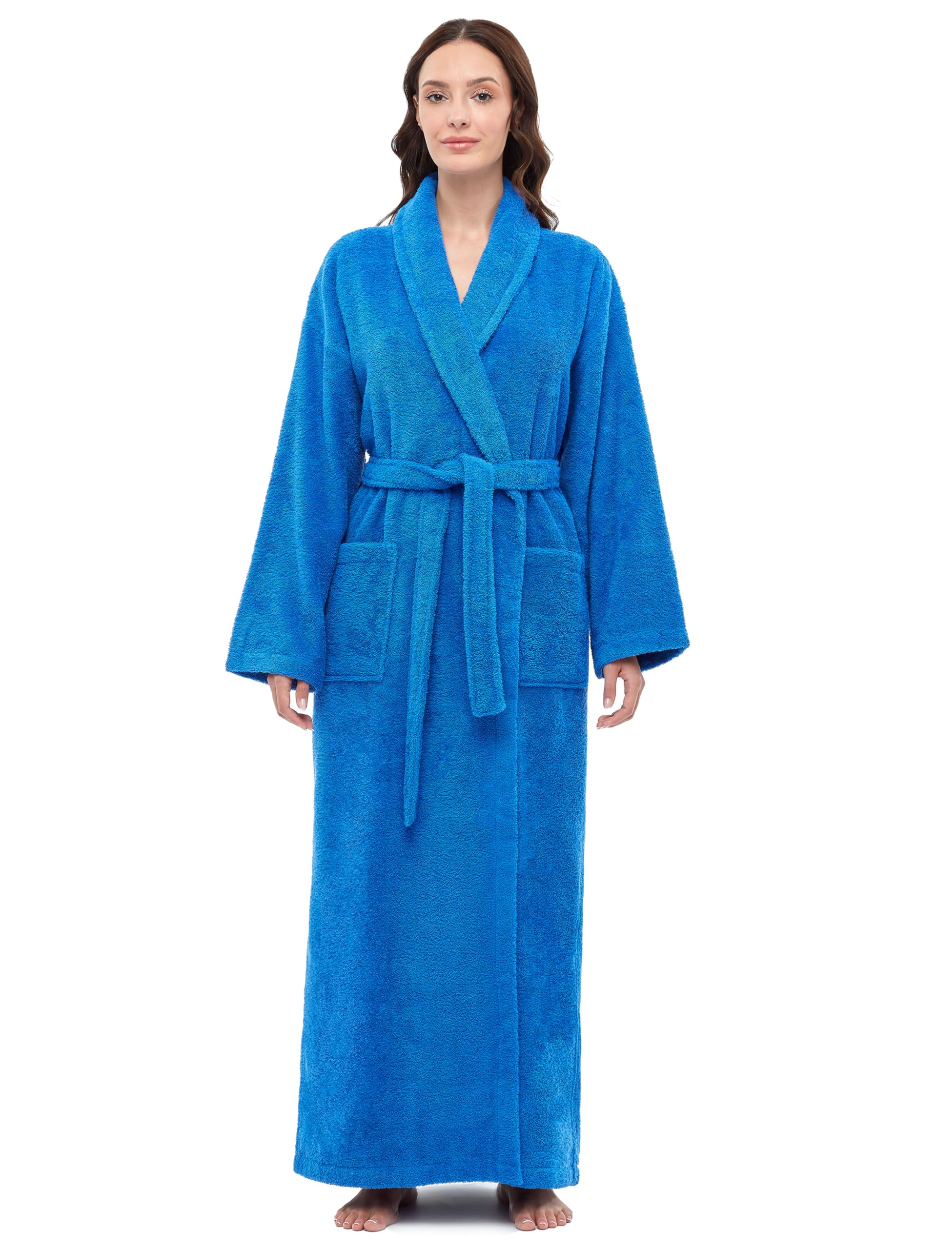 Arus Women's Shawl Collar Robe, Turkish Terry Cotton Bathrobe,with Regular and Full Length Options, Royal Blue, L/XL